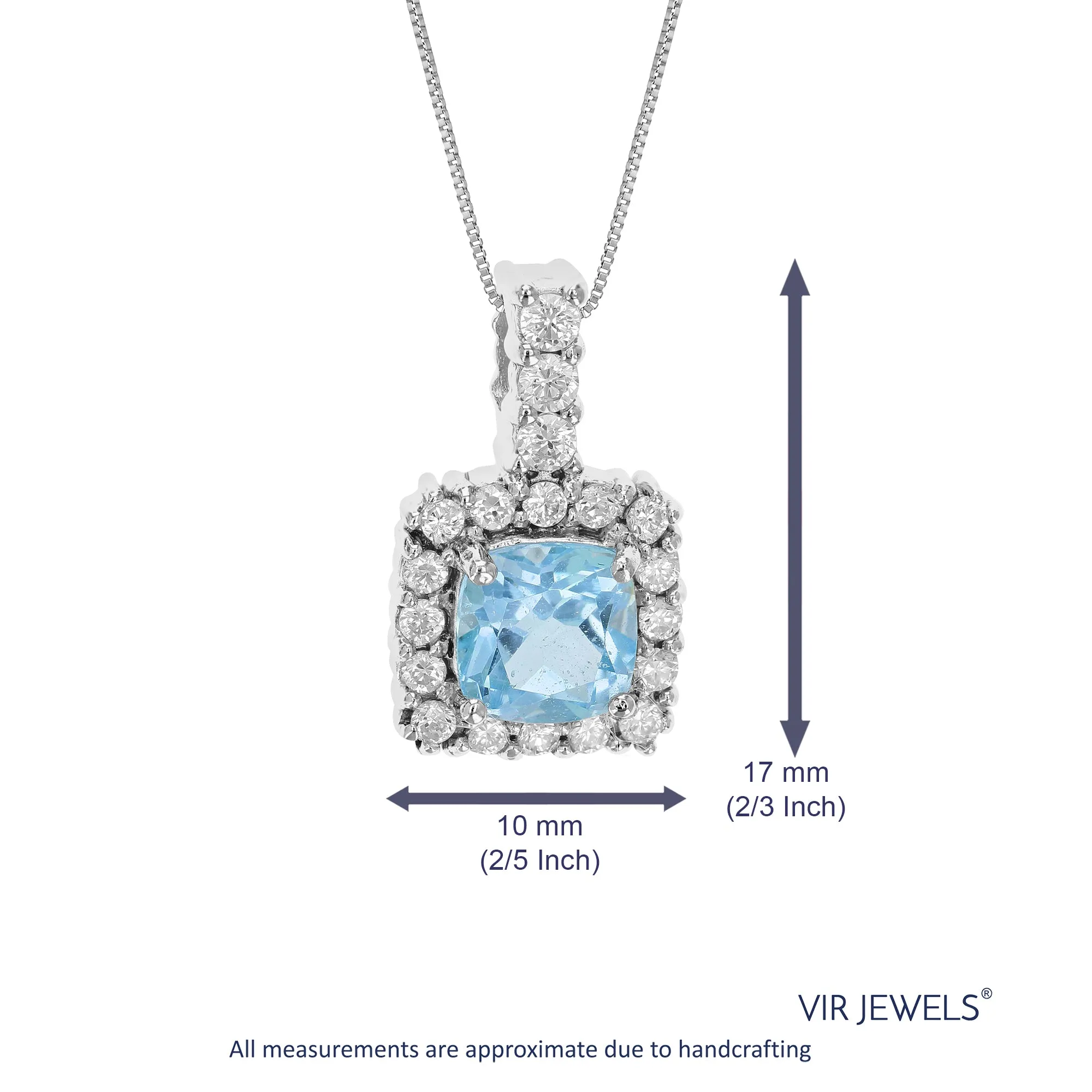 0.85 cttw Pendant Necklace, Blue Topaz Cushion Cut Pendant Necklace for Women in .925 Sterling Silver with Rhodium, 18 Inch Chain, Prong Setting