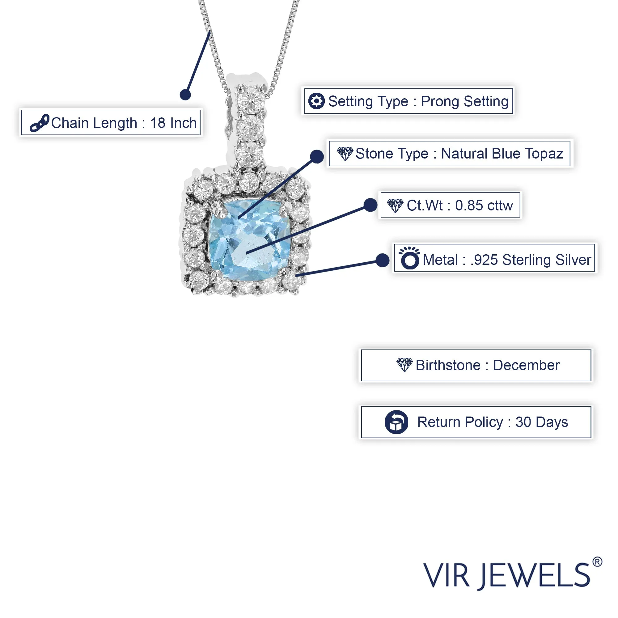 0.85 cttw Pendant Necklace, Blue Topaz Cushion Cut Pendant Necklace for Women in .925 Sterling Silver with Rhodium, 18 Inch Chain, Prong Setting