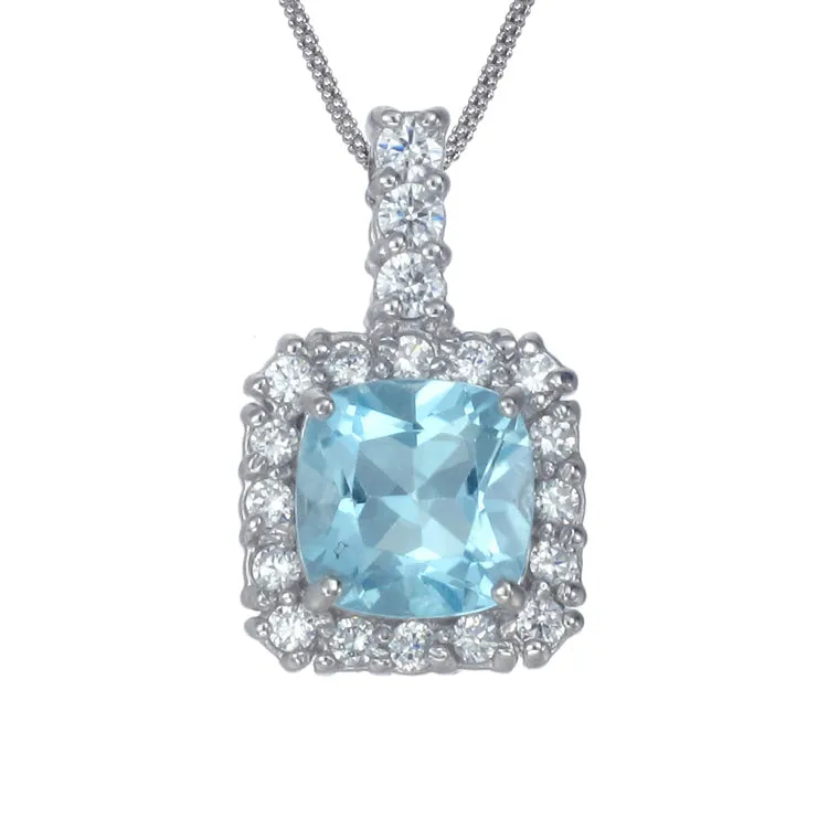 0.85 cttw Pendant Necklace, Blue Topaz Cushion Cut Pendant Necklace for Women in .925 Sterling Silver with Rhodium, 18 Inch Chain, Prong Setting
