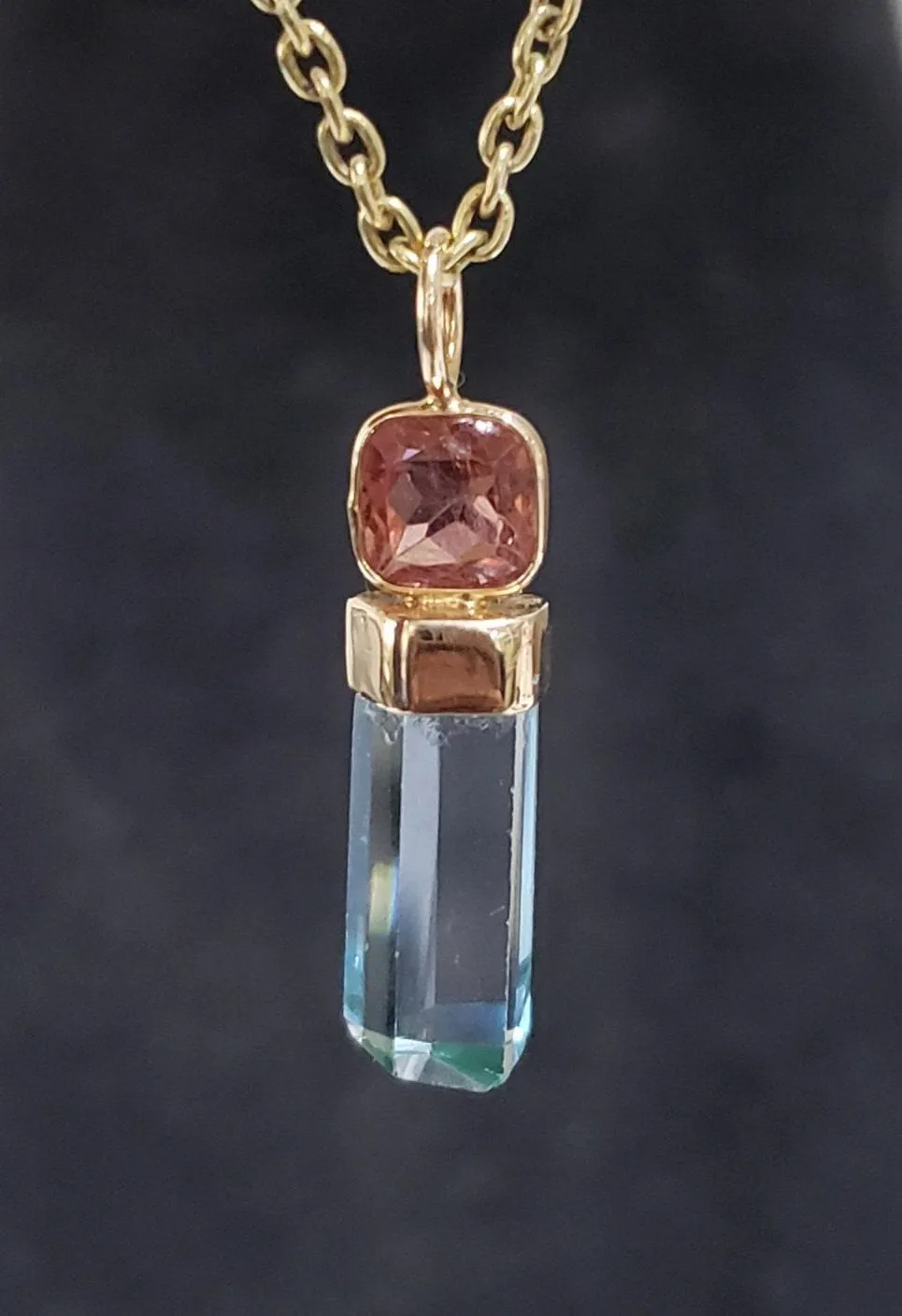 14k Gold Blue Topaz Pencil Pendant & Pink Tourmaline Pendant