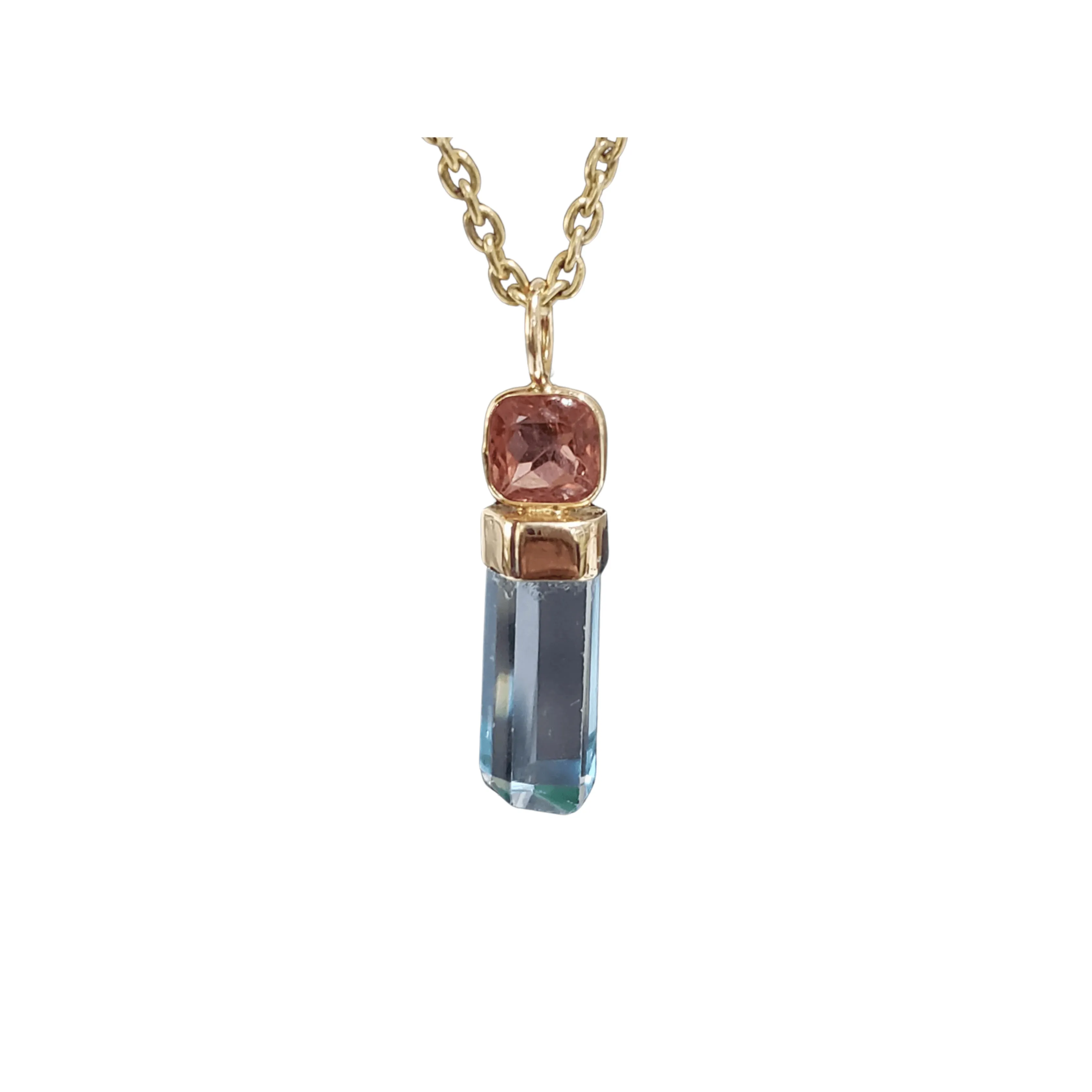 14k Gold Blue Topaz Pencil Pendant & Pink Tourmaline Pendant