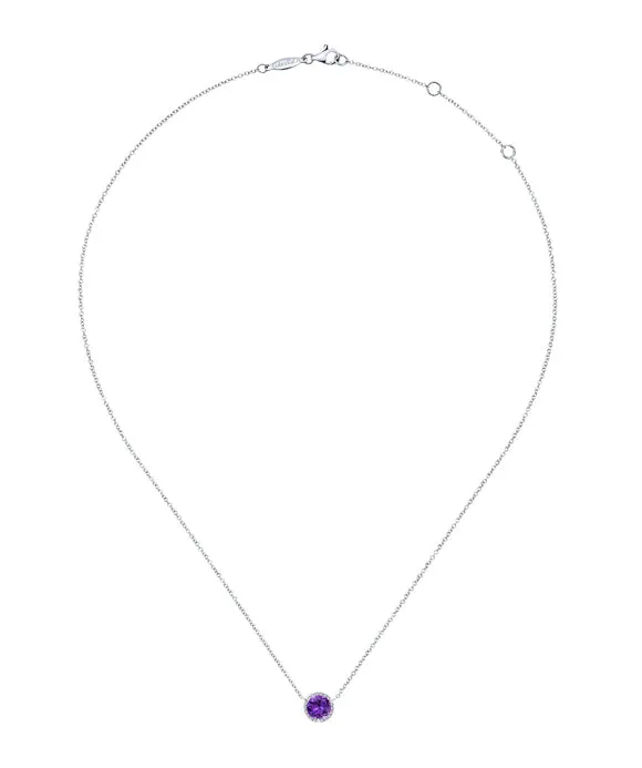 14K White Gold Round Amethyst and Diamond Halo Pendant Necklace