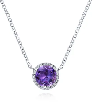 14K White Gold Round Amethyst and Diamond Halo Pendant Necklace