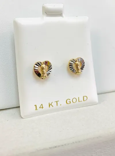 14K Yellow/White Gold Virgen de Guadalupe Heart Baby Earrings Screw Back Two Tone 8x8mm