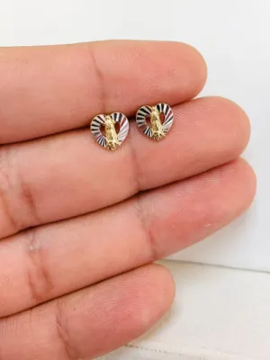 14K Yellow/White Gold Virgen de Guadalupe Heart Baby Earrings Screw Back Two Tone 8x8mm