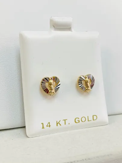 14K Yellow/White Gold Virgen de Guadalupe Heart Baby Earrings Screw Back Two Tone 8x8mm