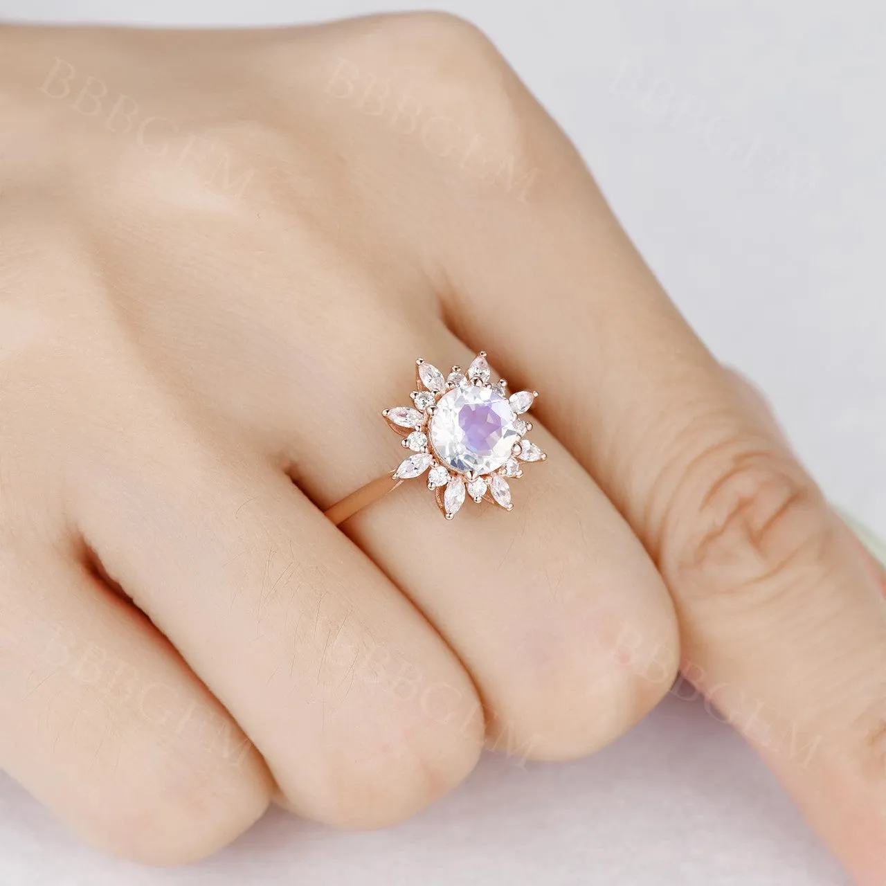 14K/18K Floral Moonstone And Moissanite Diamond Engagement Ring Unique