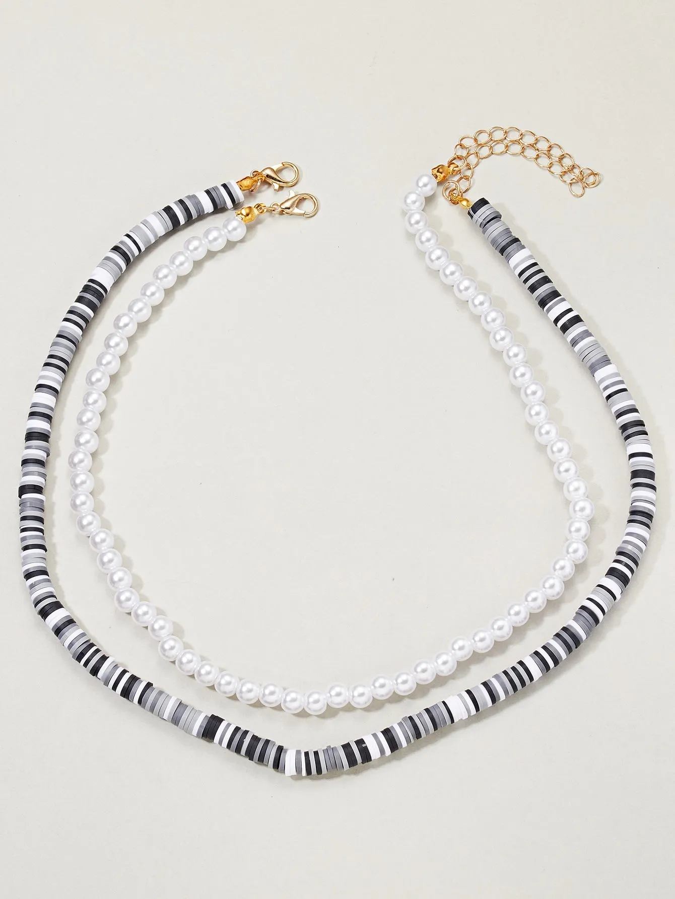 2pcs Black and White Faux Pearl Beaded Necklace for Women Girls Accessories