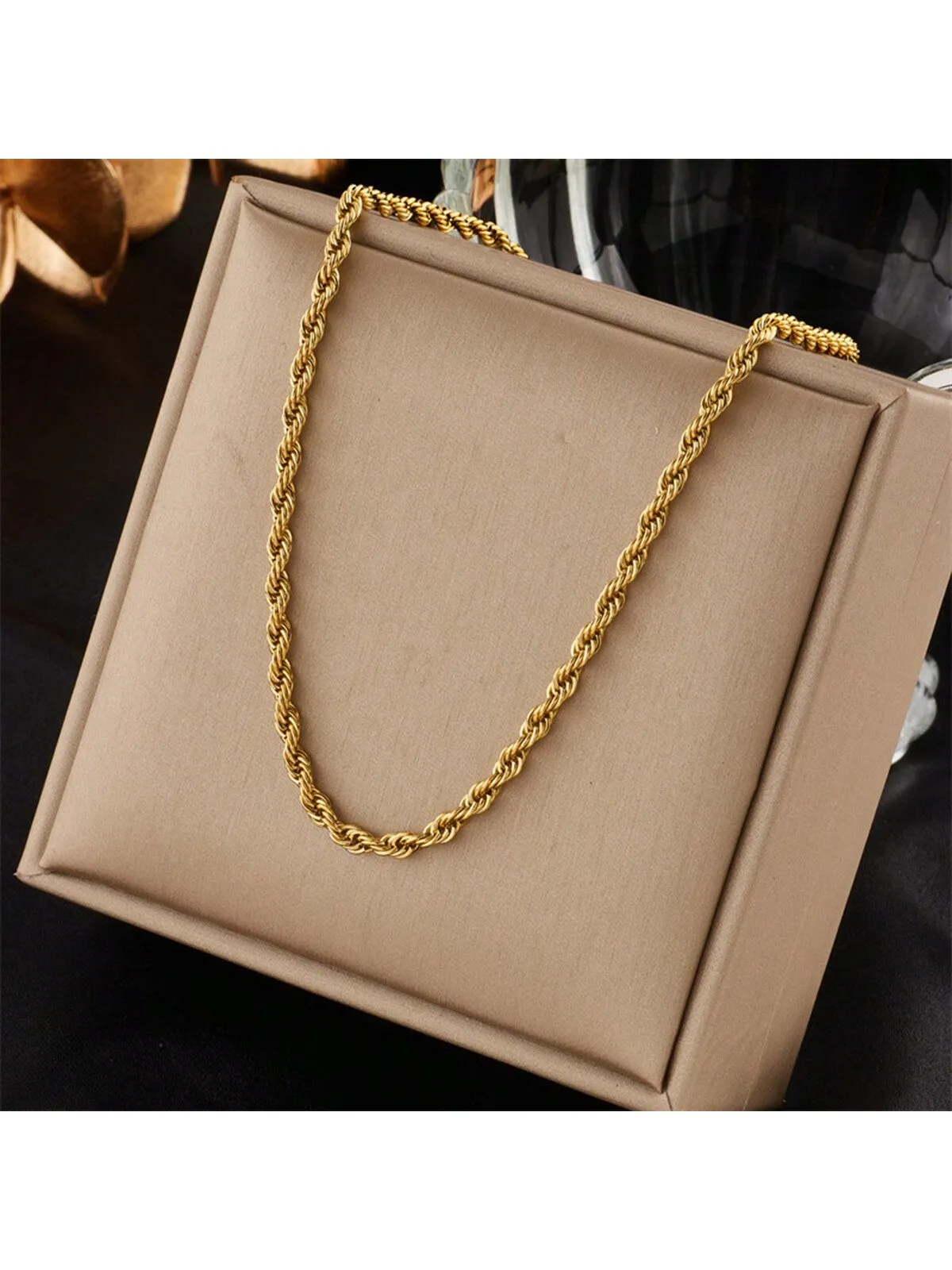 2pcs Stainless Steel Gold Color Chain Necklace Bracelets For Women Girl Fashion Non-Fading Lady Jewelry Set Accessories