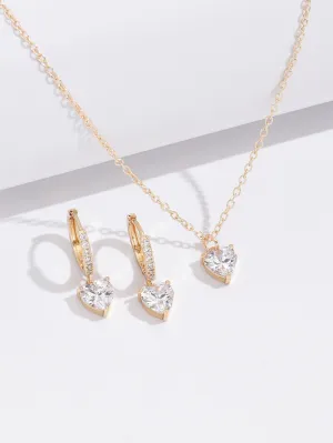 3pcs Cubic Zirconia Decor Heart Drop Earrings & Necklace Copper Jewelry