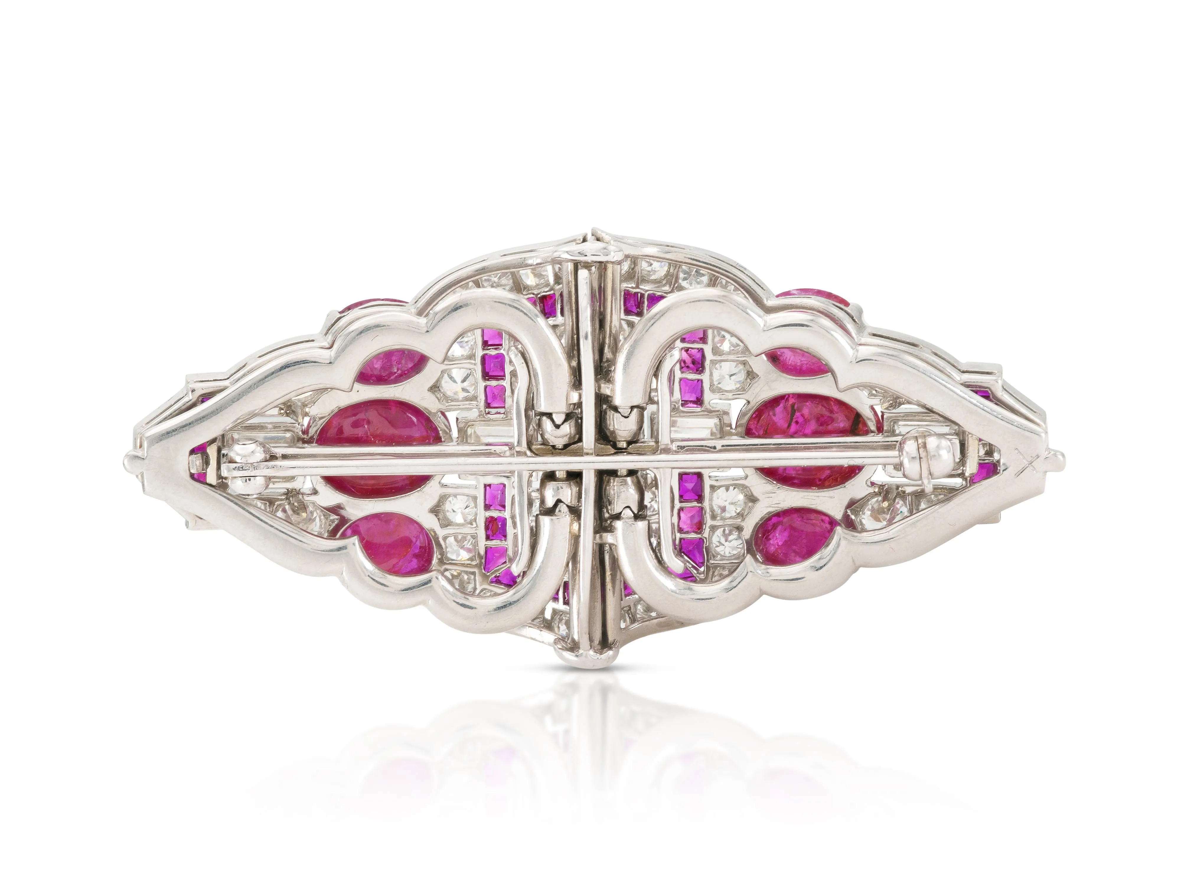 Antique Art Deco 1930s 12.00 Carat Ruby & 7.40 Carat Diamond Double Clip Brooch