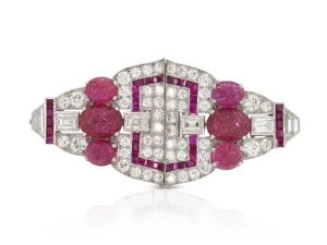 Antique Art Deco 1930s 12.00 Carat Ruby & 7.40 Carat Diamond Double Clip Brooch