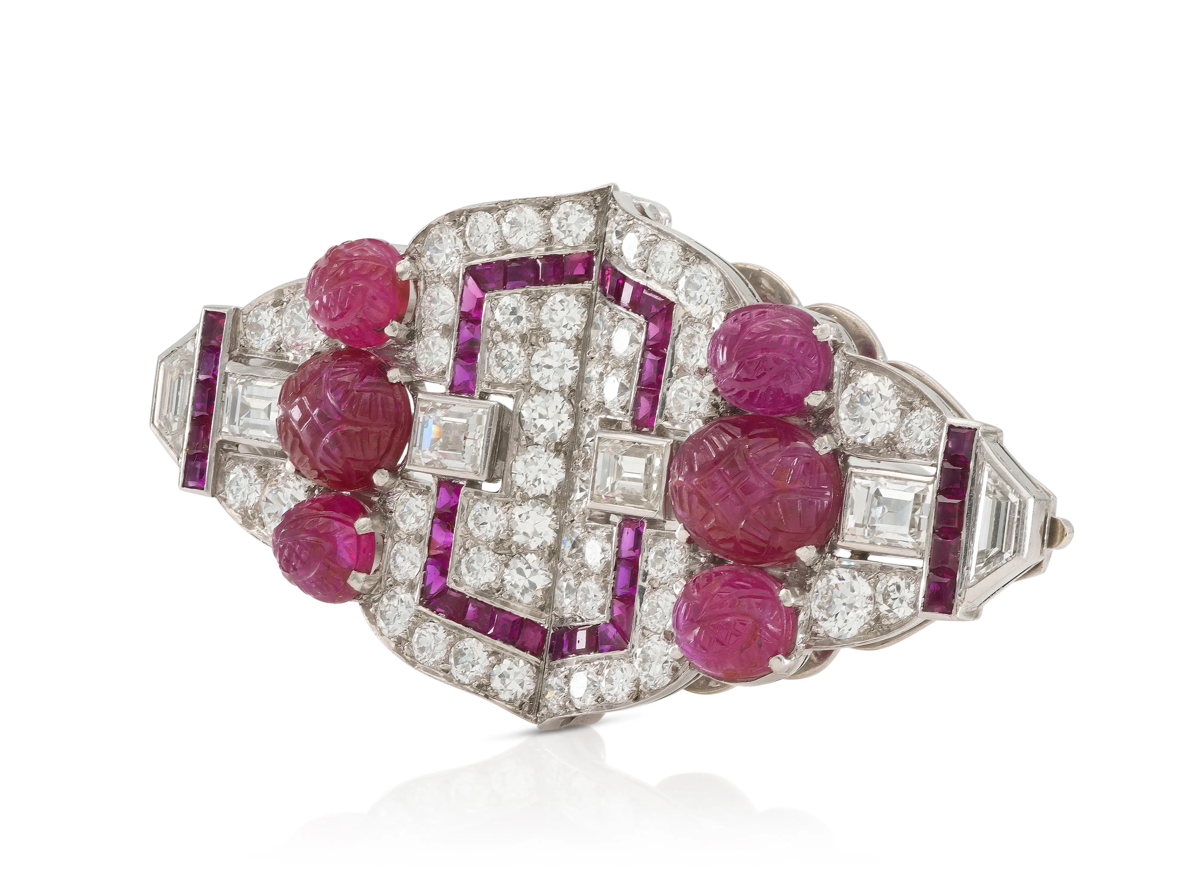 Antique Art Deco 1930s 12.00 Carat Ruby & 7.40 Carat Diamond Double Clip Brooch