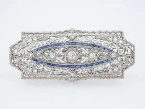 Antique Brooch Art Deco .67 Transitional Cut Diamonds & .90 French Cut Sapphire in 14k White Gold