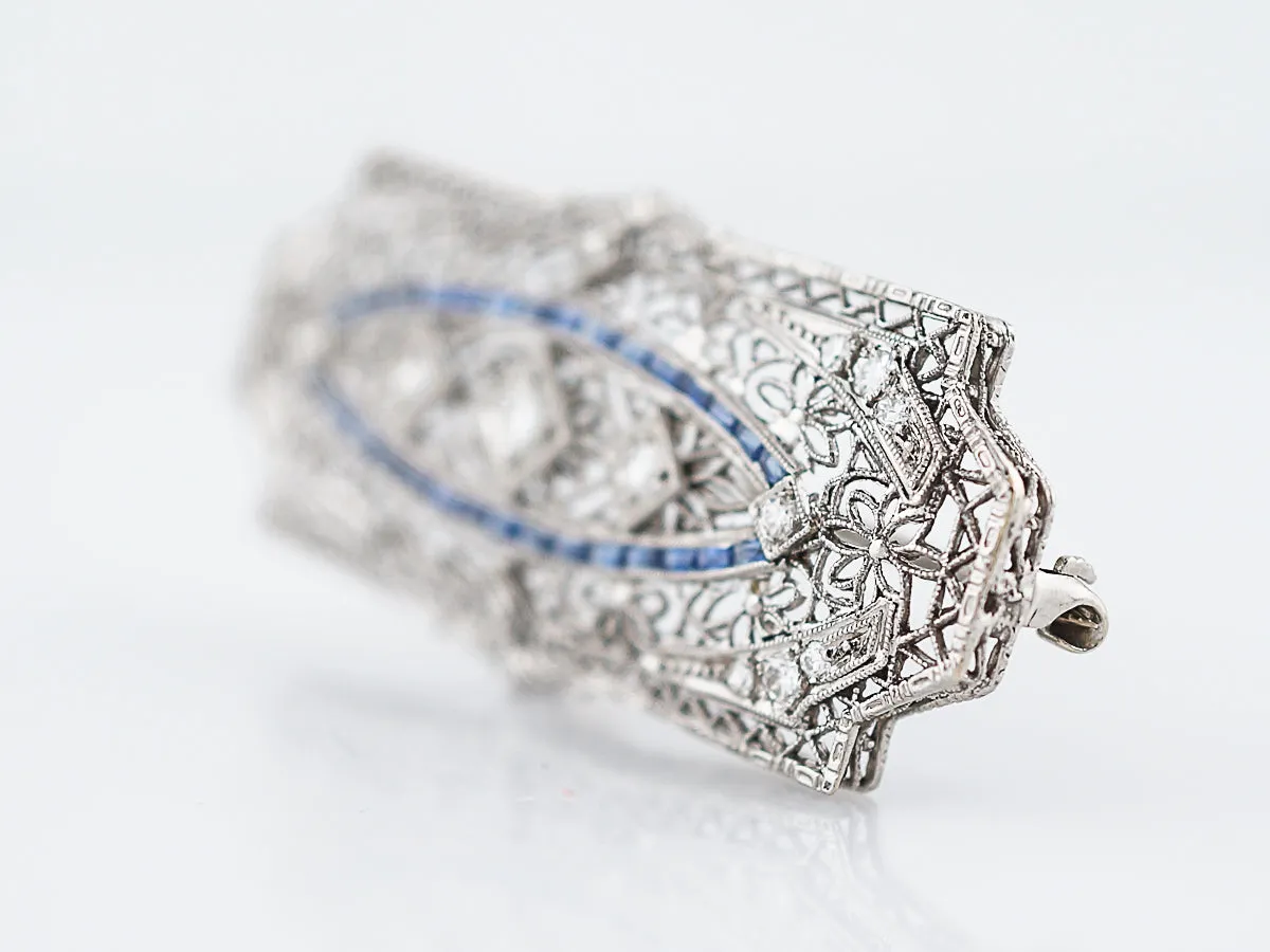 Antique Brooch Art Deco .67 Transitional Cut Diamonds & .90 French Cut Sapphire in 14k White Gold