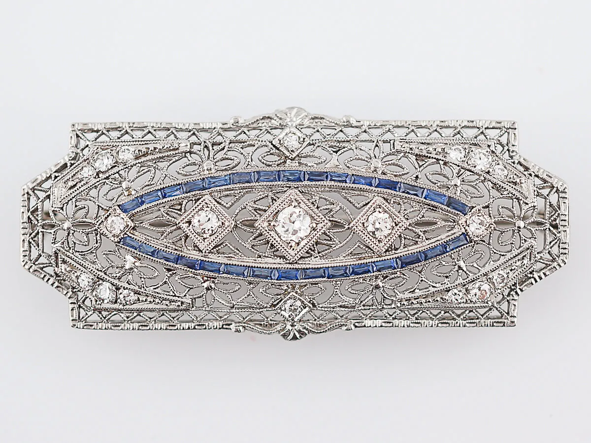 Antique Brooch Art Deco .67 Transitional Cut Diamonds & .90 French Cut Sapphire in 14k White Gold