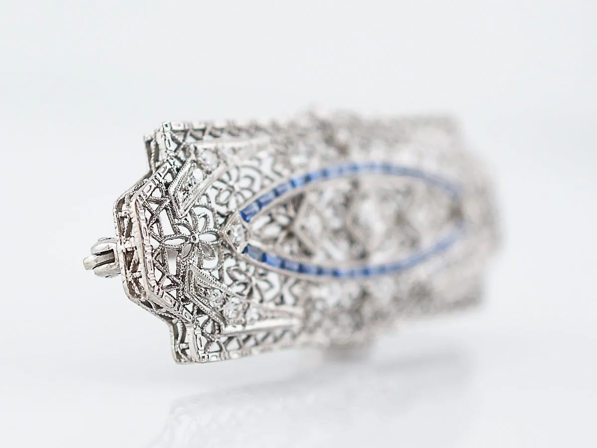 Antique Brooch Art Deco .67 Transitional Cut Diamonds & .90 French Cut Sapphire in 14k White Gold