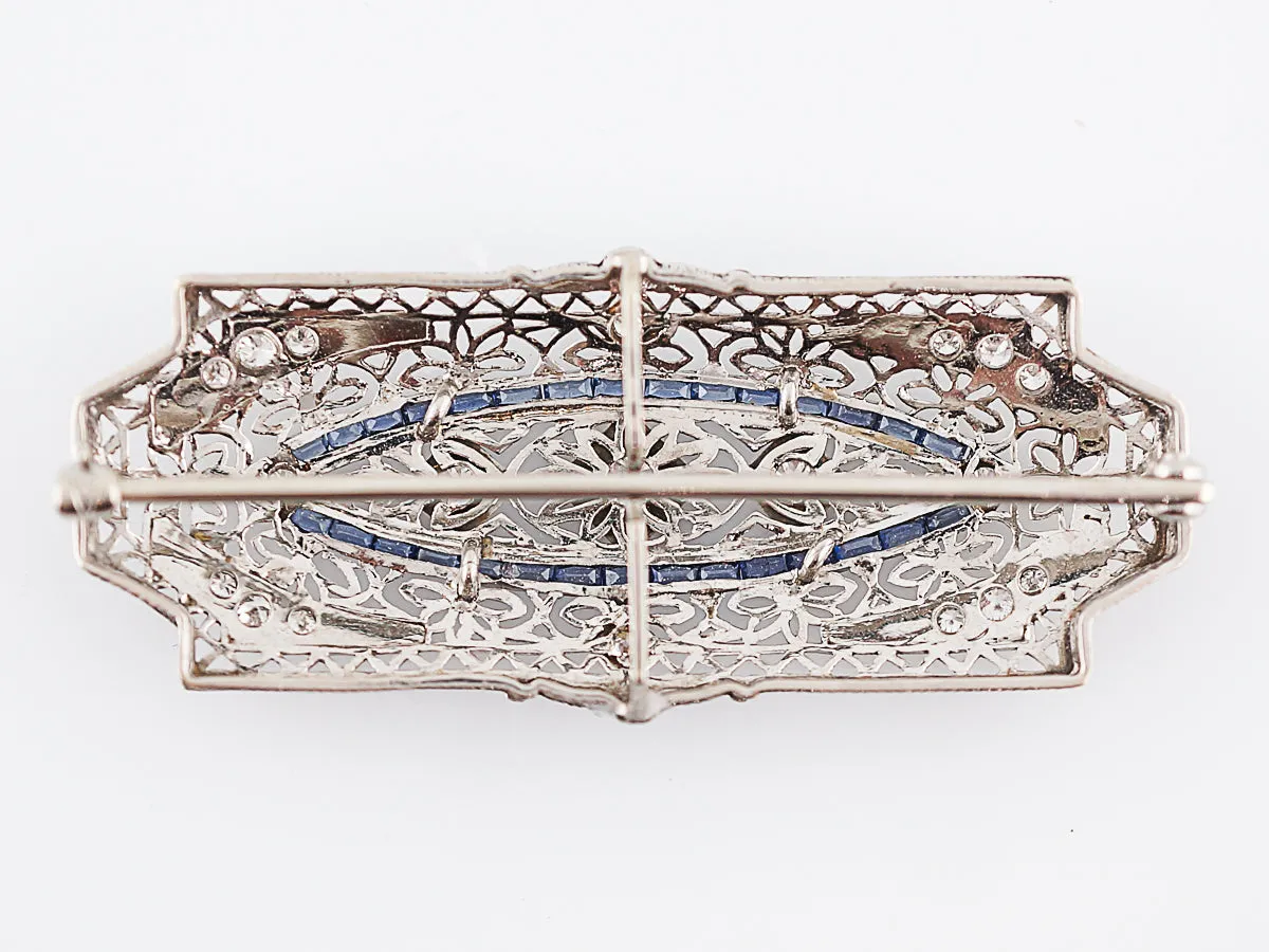 Antique Brooch Art Deco .67 Transitional Cut Diamonds & .90 French Cut Sapphire in 14k White Gold