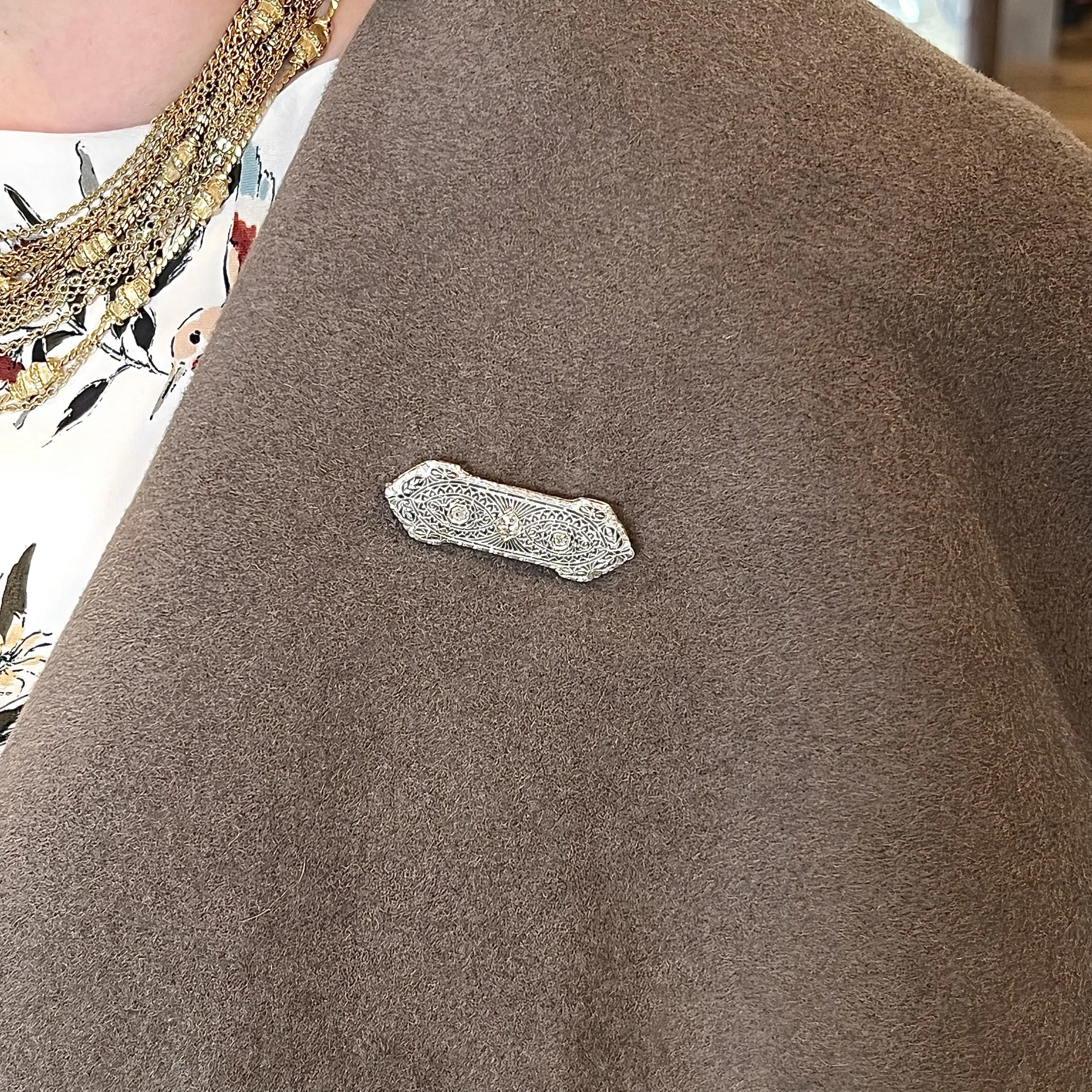 Antique Filigree Diamond Brooch in 14k White Gold