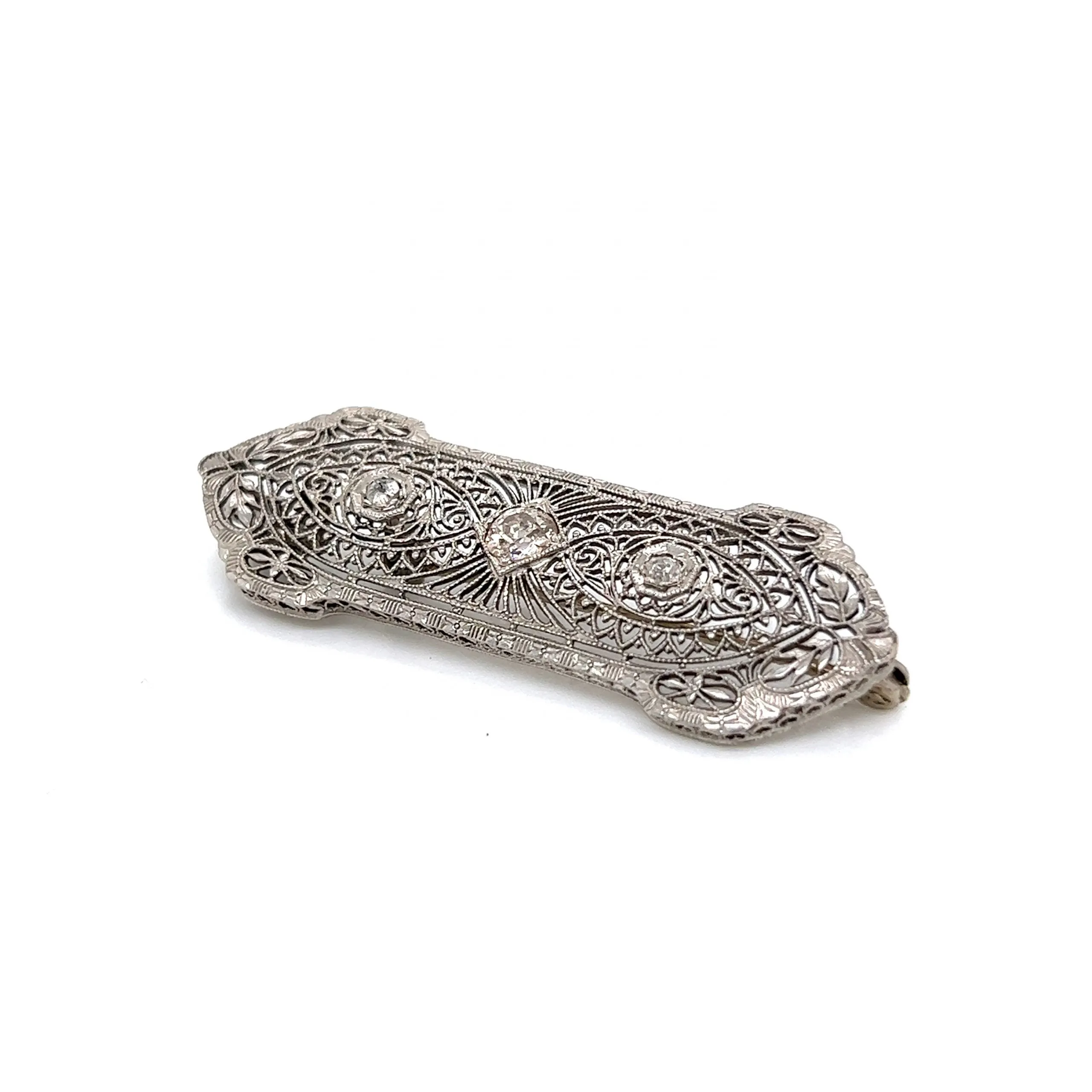 Antique Filigree Diamond Brooch in 14k White Gold