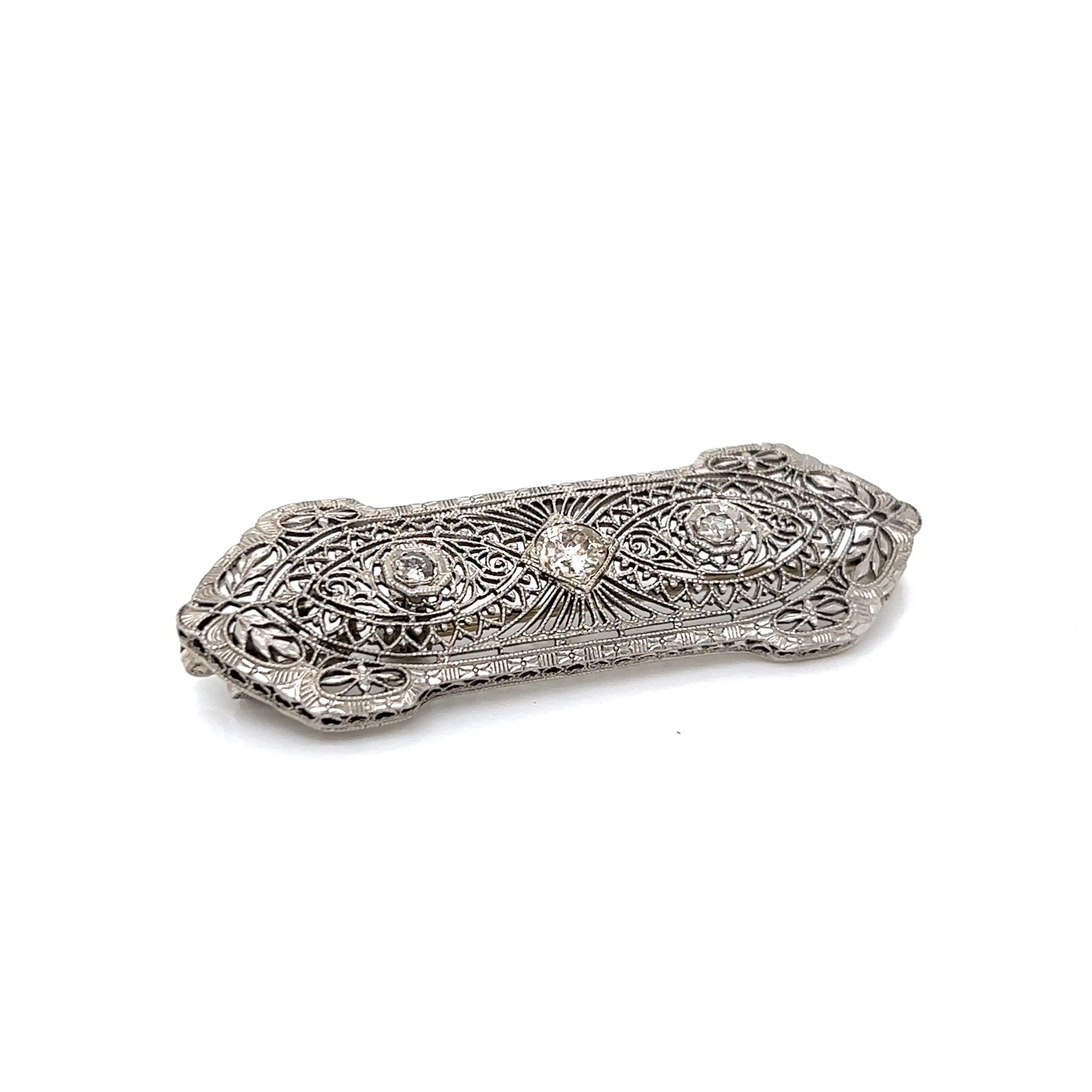 Antique Filigree Diamond Brooch in 14k White Gold