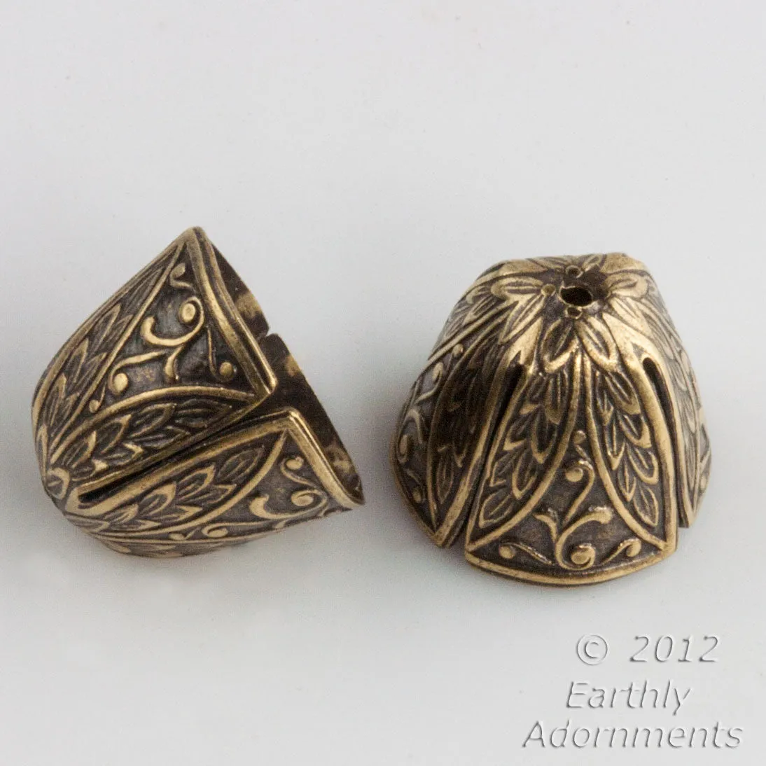 Antique finish gold plated brass embossed cone cap. 12x14 mm. 4 pcs. b9-2226