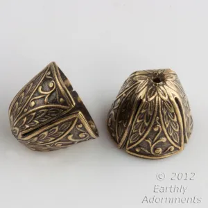 Antique finish gold plated brass embossed cone cap. 12x14 mm. 4 pcs. b9-2226