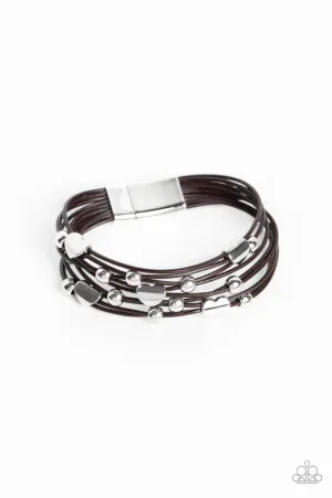 Aphrodite Ascending - Brown - Silver Heart Charm Leather Paparazzi Magnetic Bracelet
