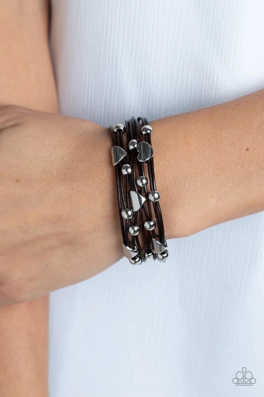 Aphrodite Ascending - Brown - Silver Heart Charm Leather Paparazzi Magnetic Bracelet