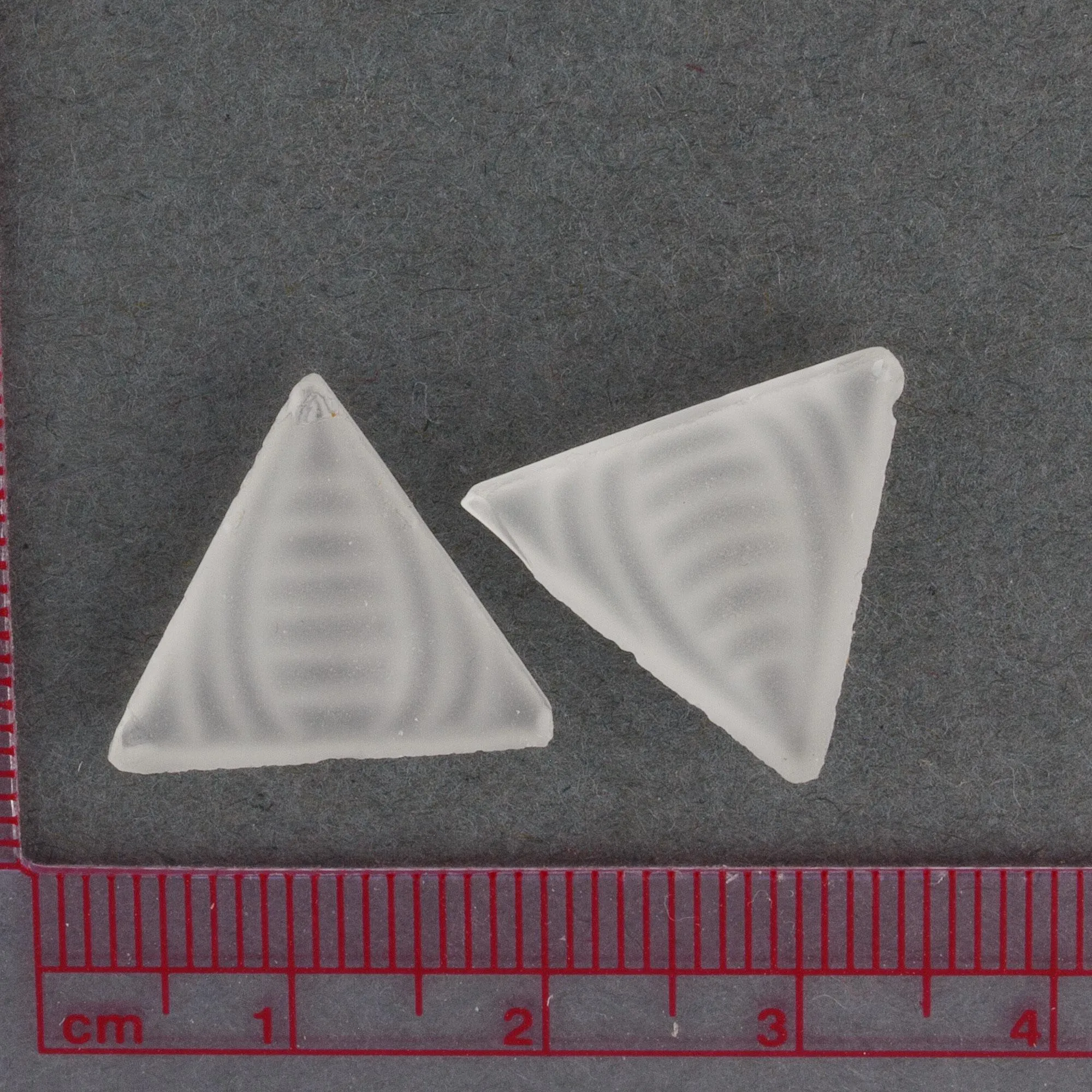 Art Deco Bohemian translucent frosted matte glass molded  triangle flat back stone .1 7mm each side. Pkg 2.  Czechoslovakia 1920s. b5-934