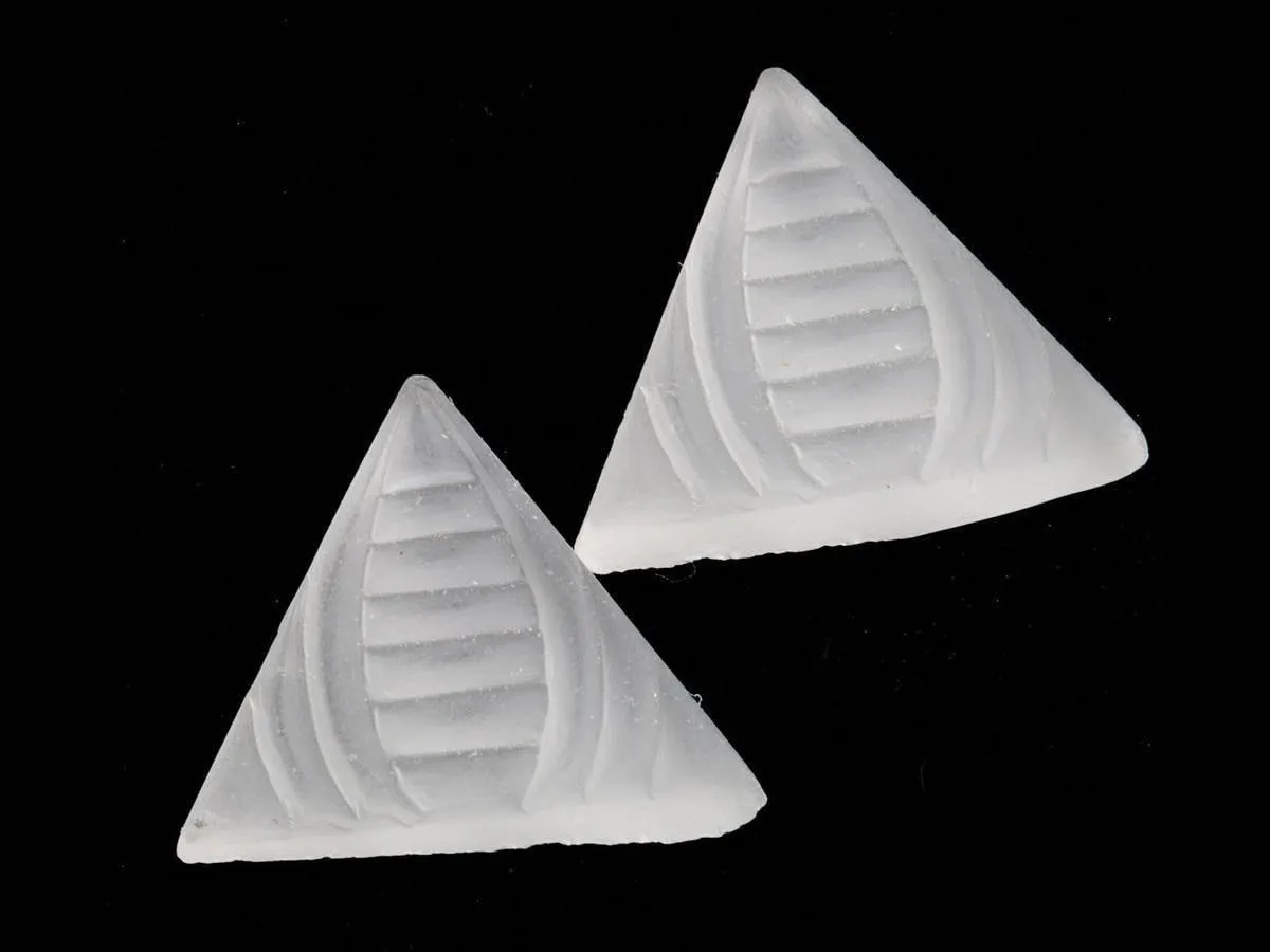 Art Deco Bohemian translucent frosted matte glass molded  triangle flat back stone .1 7mm each side. Pkg 2.  Czechoslovakia 1920s. b5-934