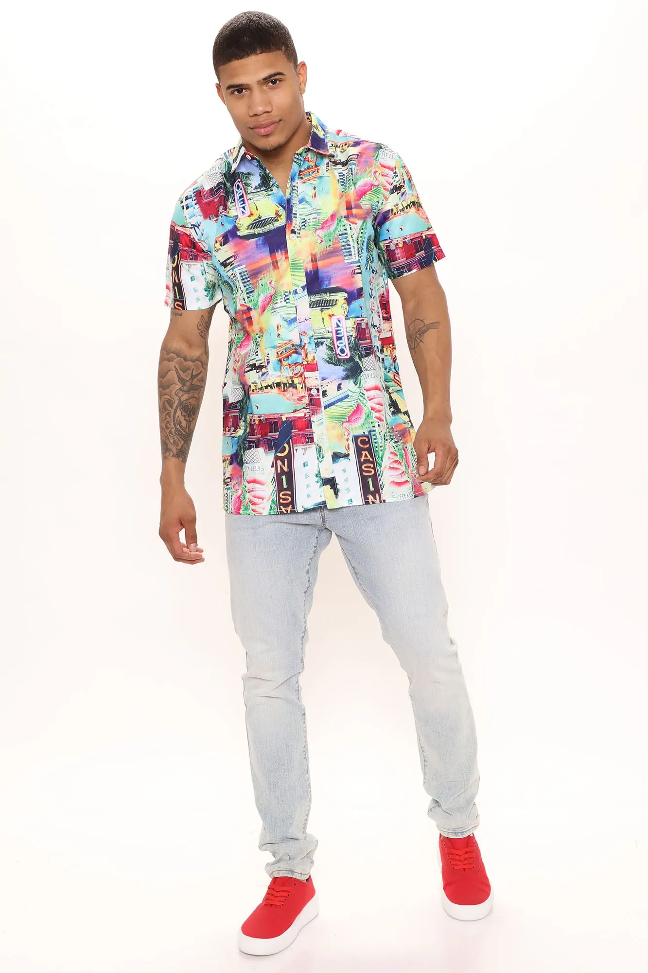 Art Deco Casino Short Sleeve Woven Top - Multi Color