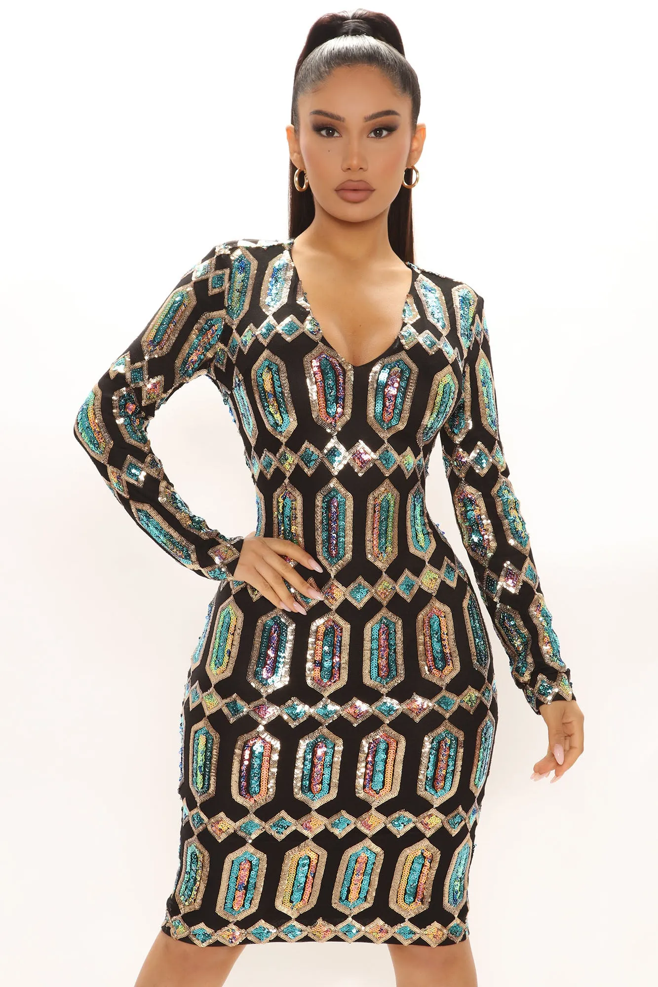 Art Deco Sequin Midi Dress - Black