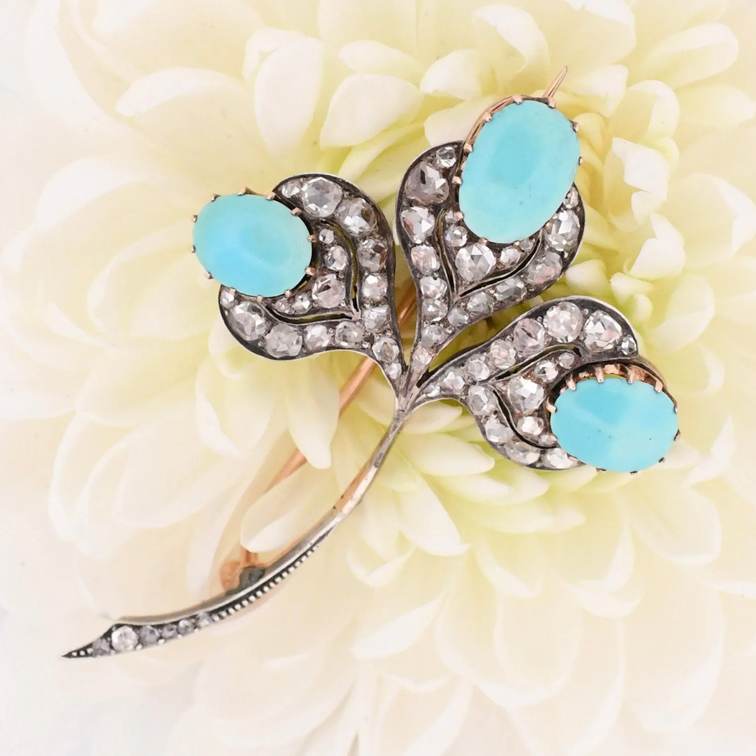 Art Deco Turquoise Cabochon and Rose Cut Diamond Clover Brooch