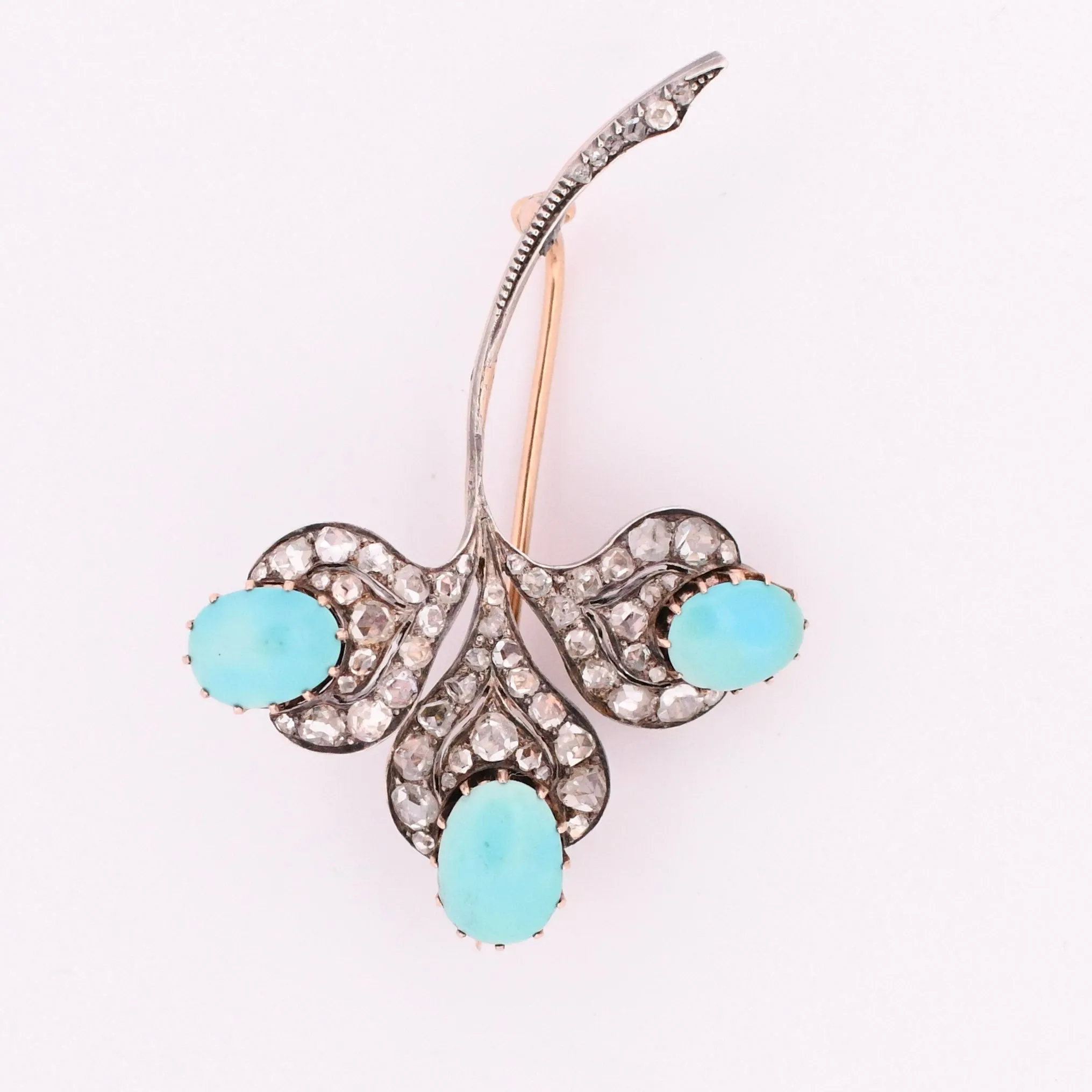 Art Deco Turquoise Cabochon and Rose Cut Diamond Clover Brooch