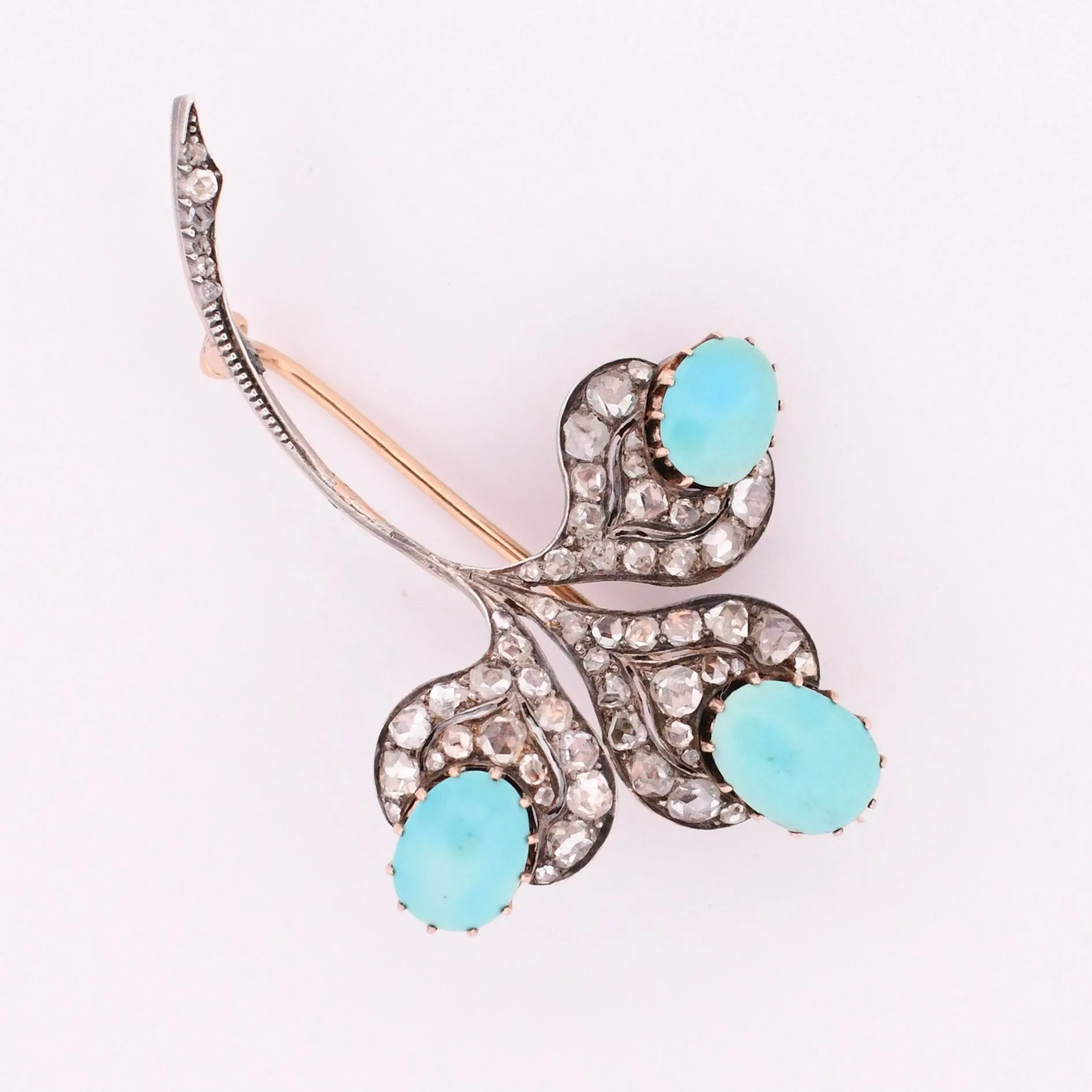 Art Deco Turquoise Cabochon and Rose Cut Diamond Clover Brooch