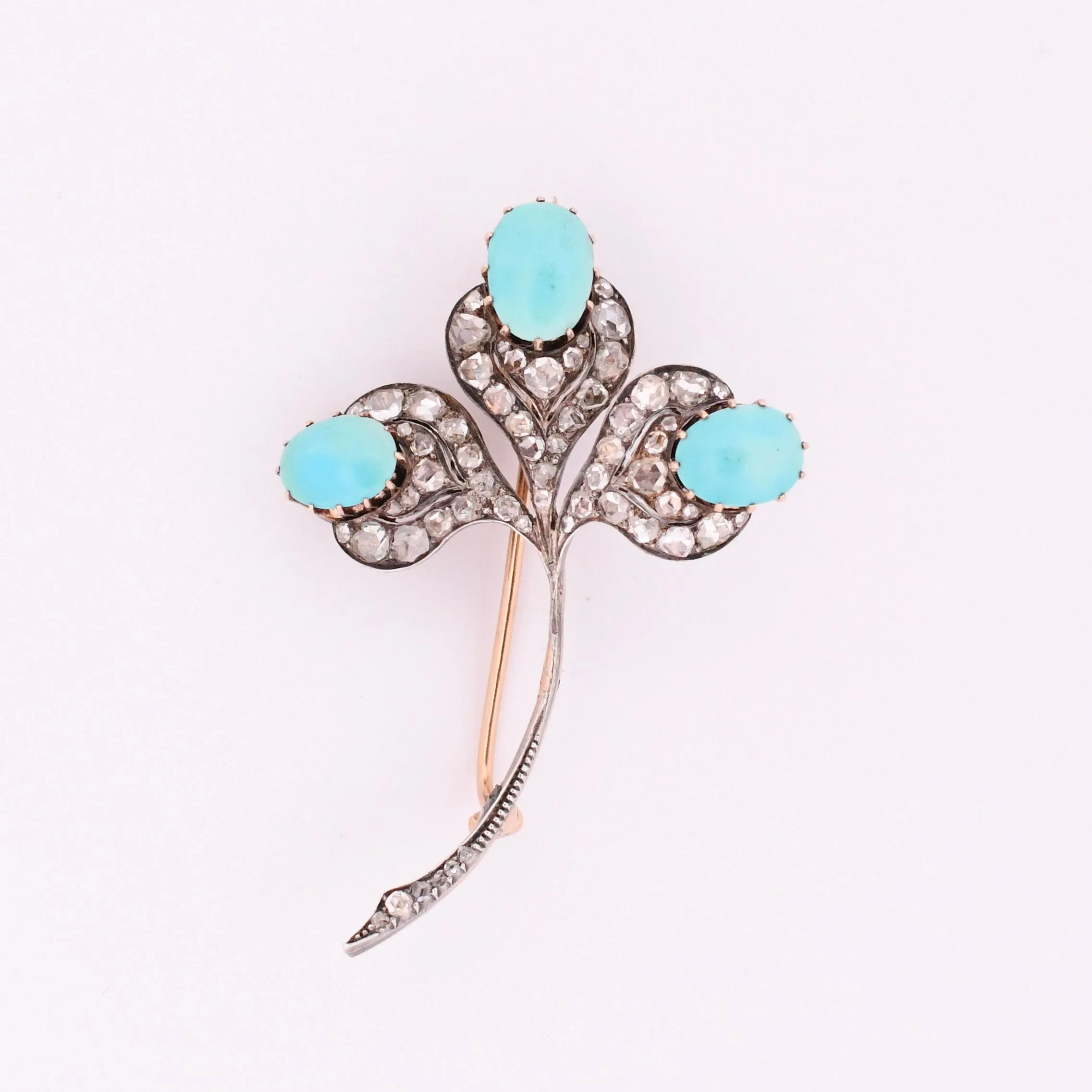 Art Deco Turquoise Cabochon and Rose Cut Diamond Clover Brooch