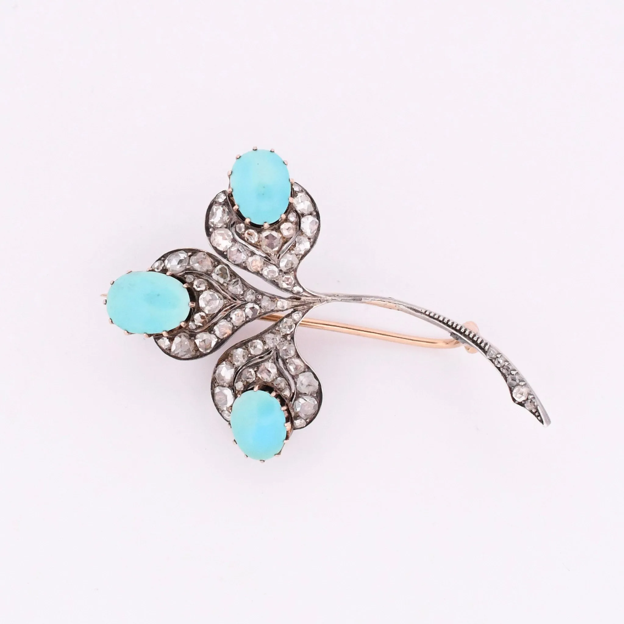 Art Deco Turquoise Cabochon and Rose Cut Diamond Clover Brooch