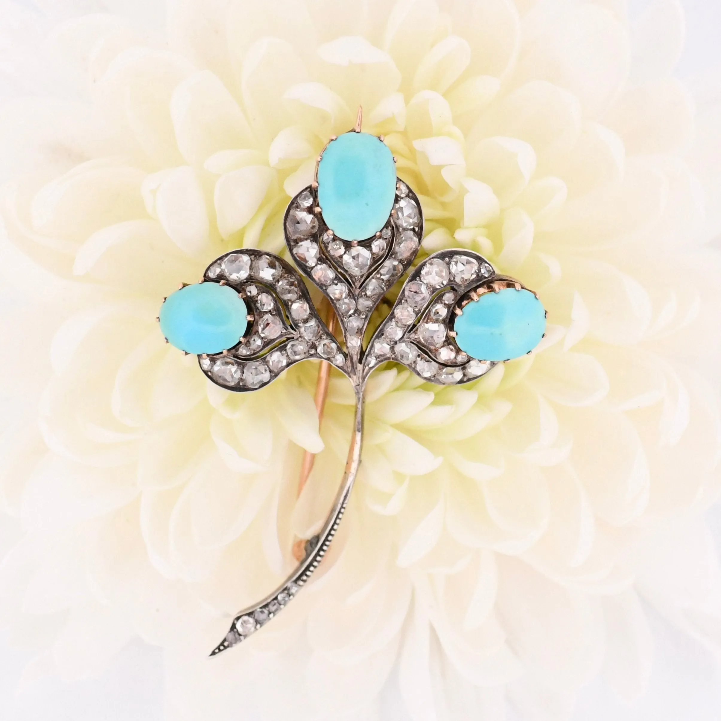 Art Deco Turquoise Cabochon and Rose Cut Diamond Clover Brooch