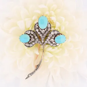 Art Deco Turquoise Cabochon and Rose Cut Diamond Clover Brooch
