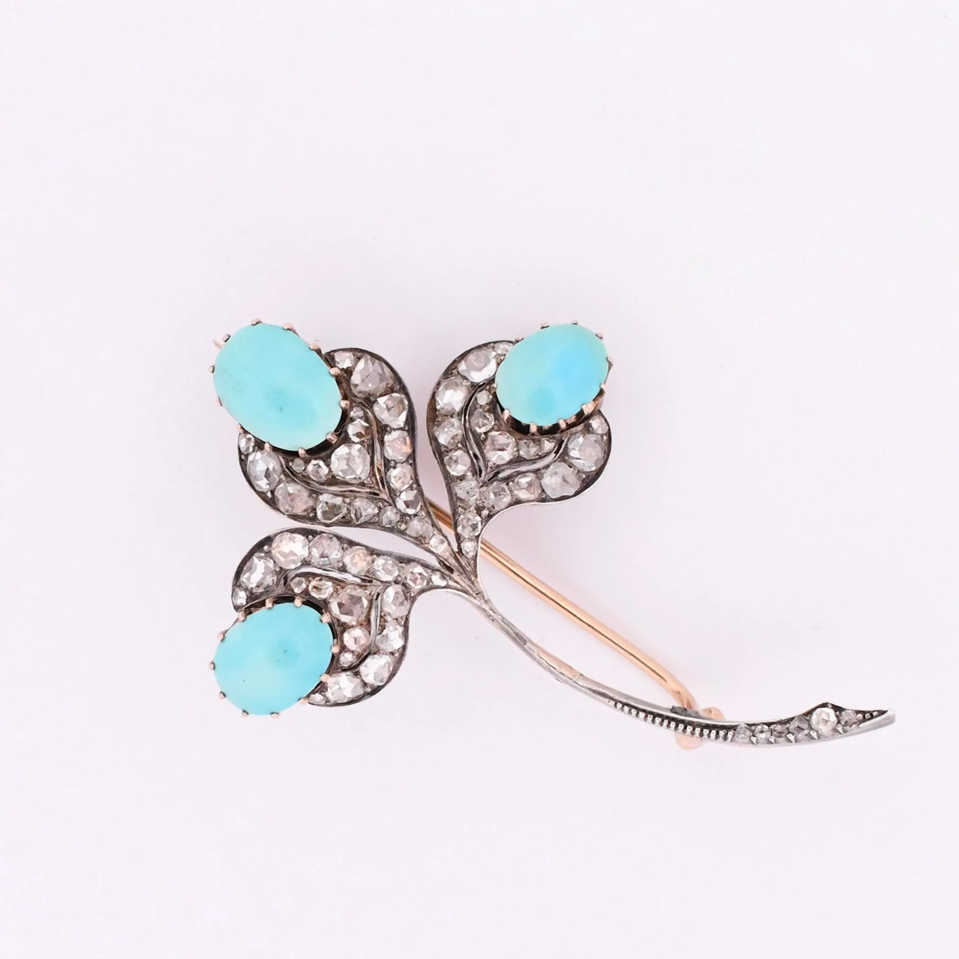 Art Deco Turquoise Cabochon and Rose Cut Diamond Clover Brooch