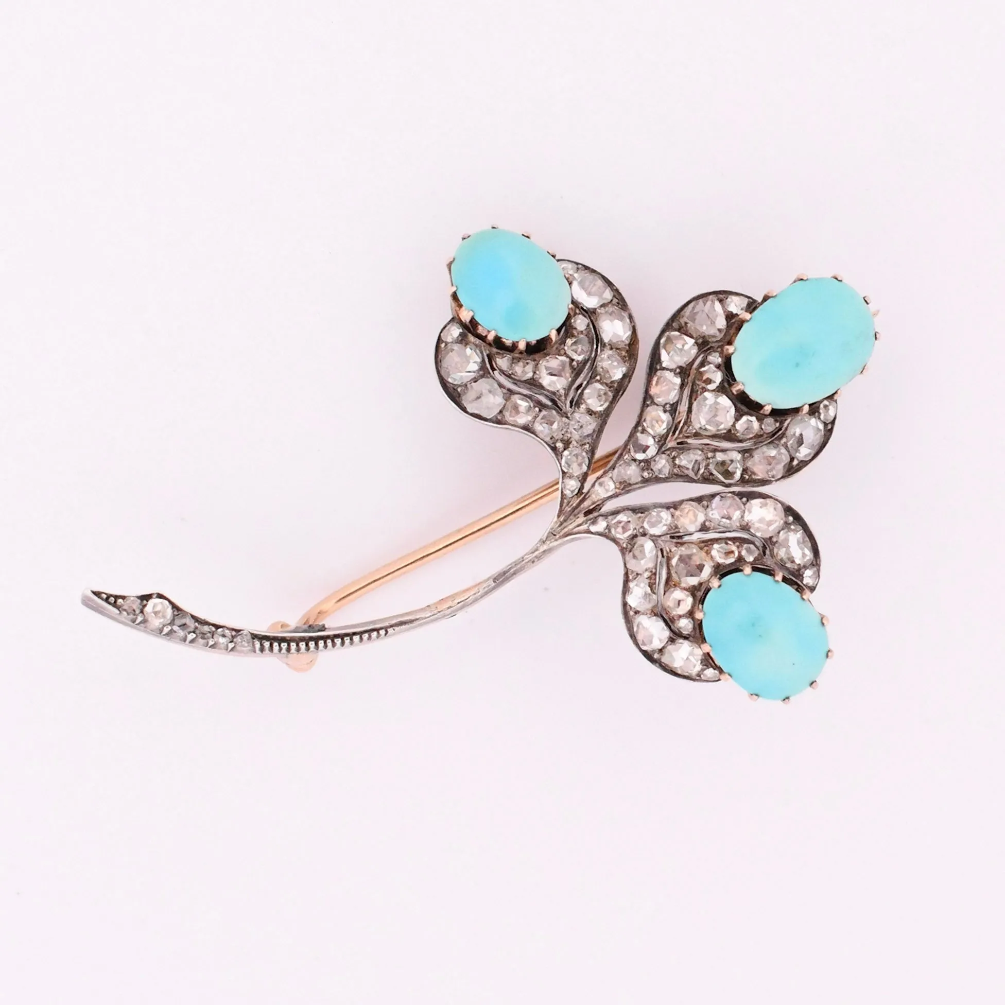 Art Deco Turquoise Cabochon and Rose Cut Diamond Clover Brooch