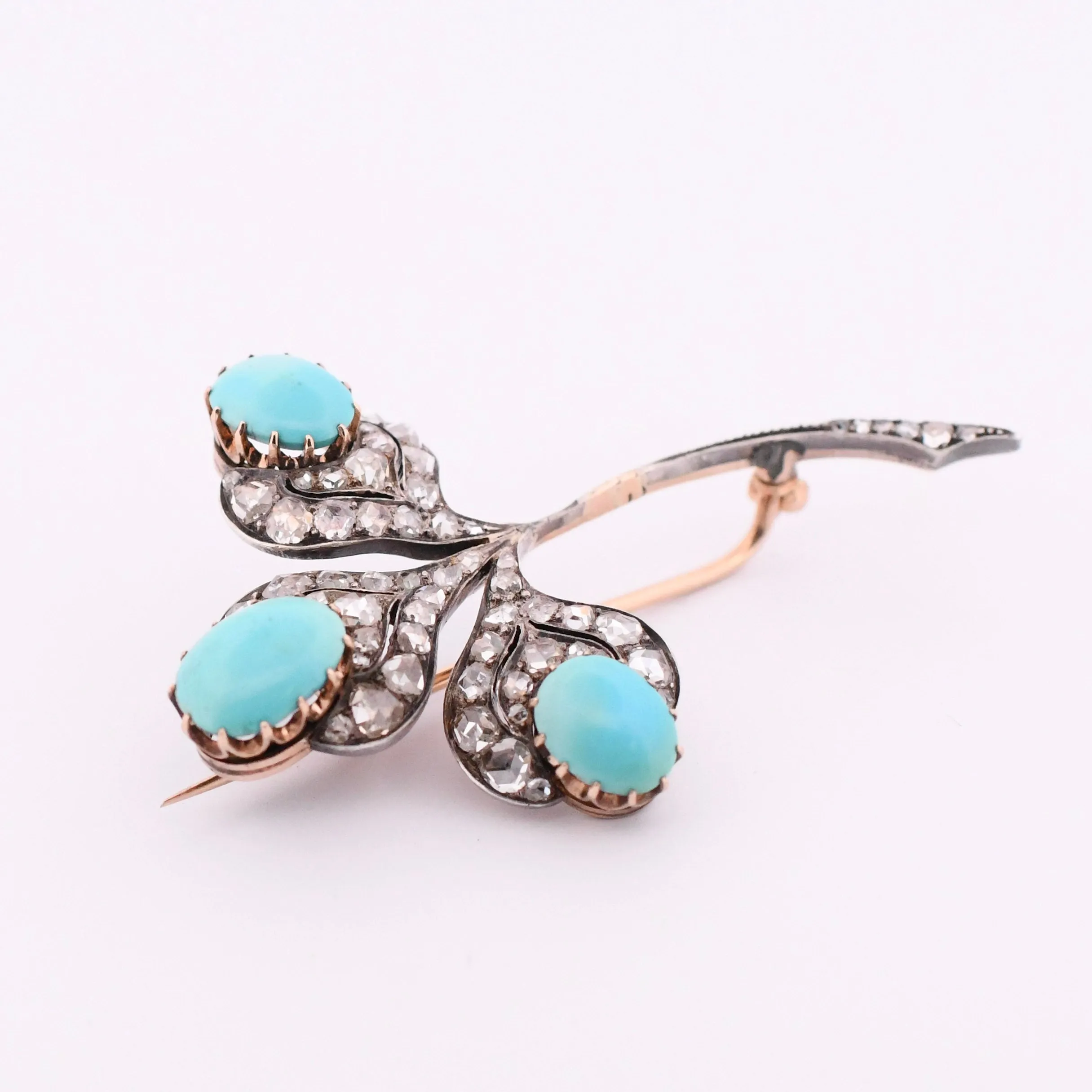 Art Deco Turquoise Cabochon and Rose Cut Diamond Clover Brooch
