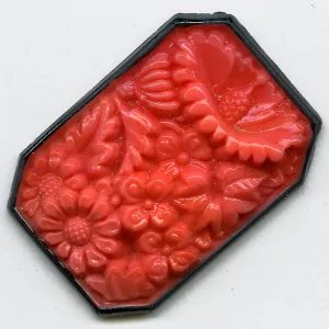 Black Edged Coral Color Floral Octogon, glass flat-back. Bohemian. Pkg 1. b5-592