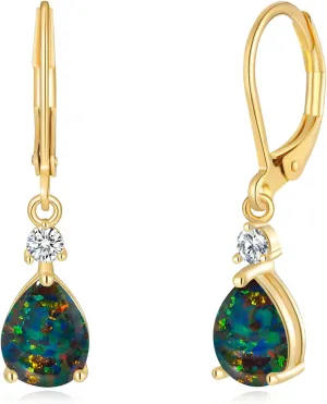 CiNily Leverback Opal Dangle Drop Earrings For Women Girls 14K Gold Plated Teardrop Earrings