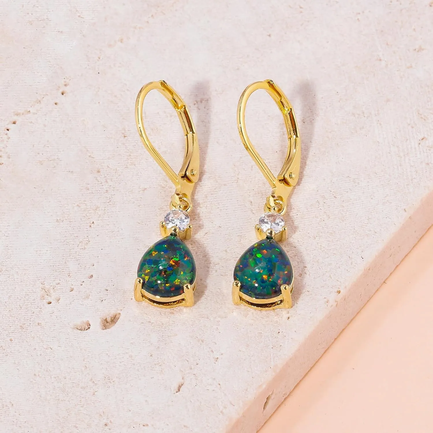 CiNily Leverback Opal Dangle Drop Earrings For Women Girls 14K Gold Plated Teardrop Earrings