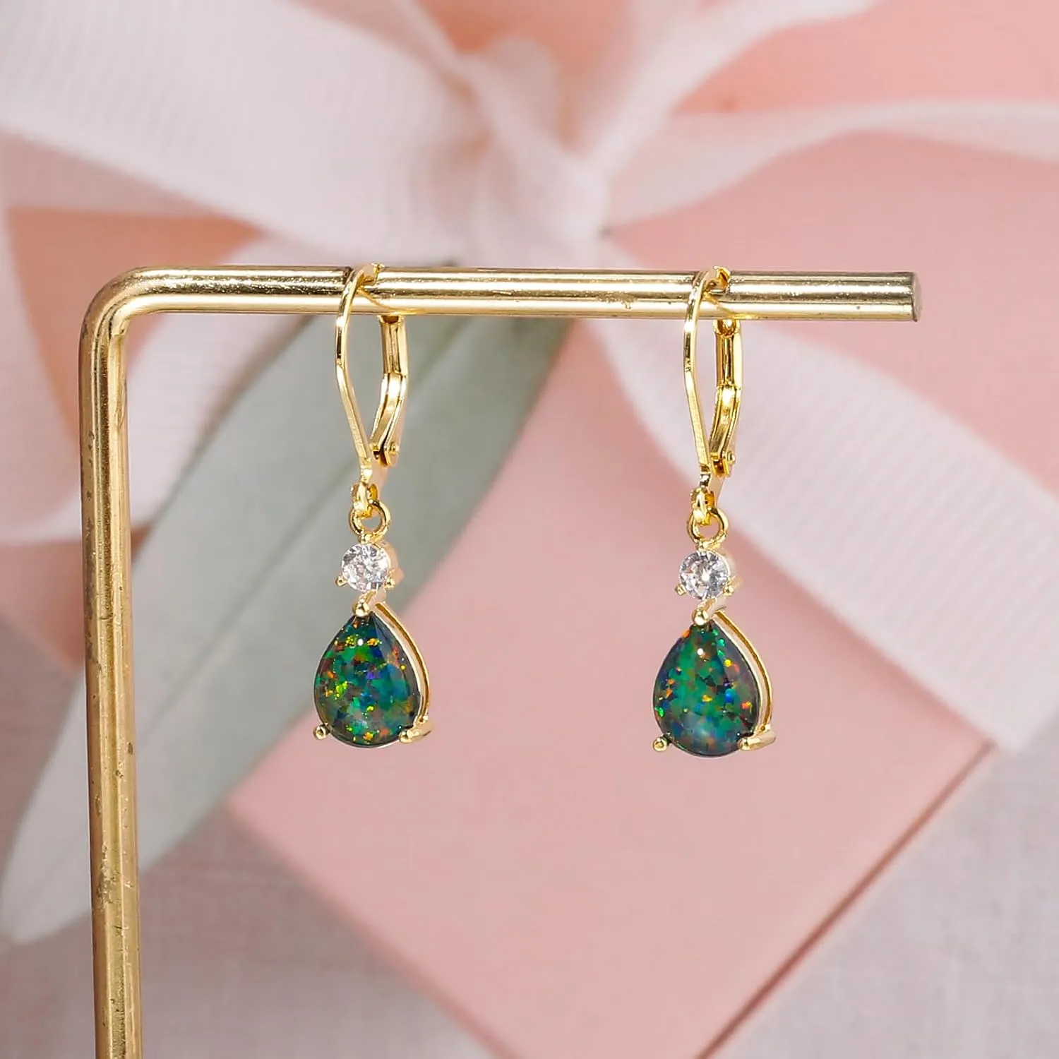 CiNily Leverback Opal Dangle Drop Earrings For Women Girls 14K Gold Plated Teardrop Earrings