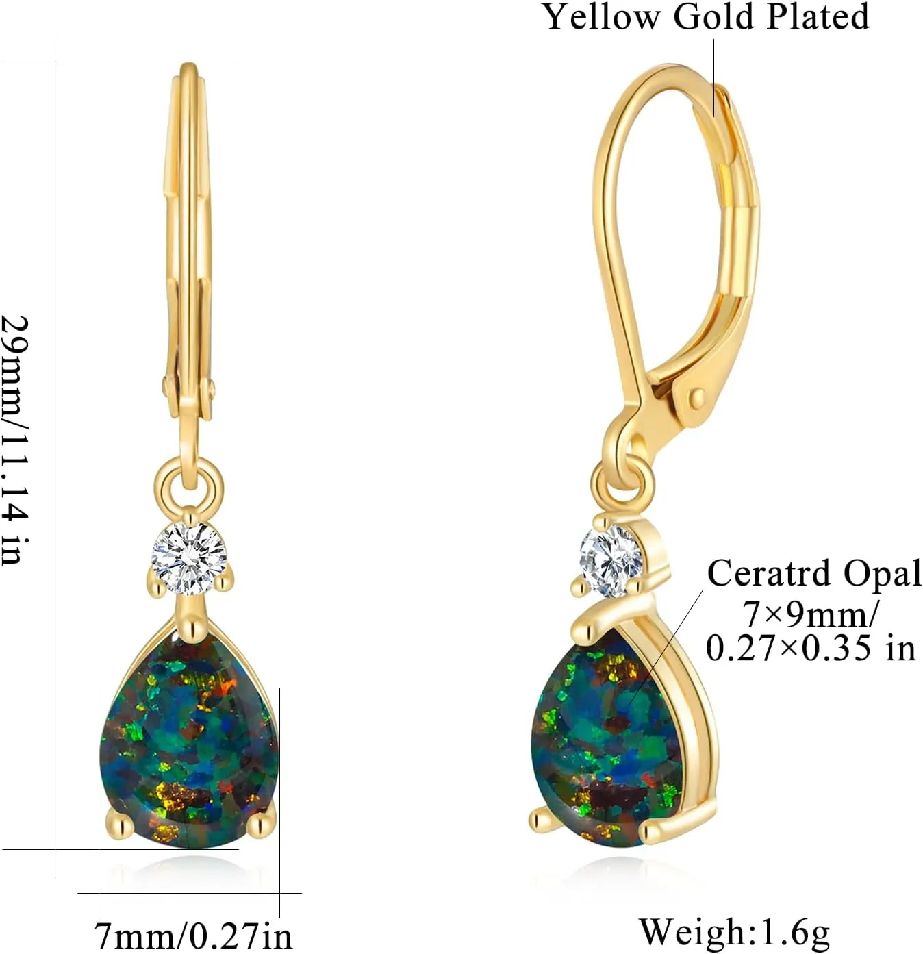 CiNily Leverback Opal Dangle Drop Earrings For Women Girls 14K Gold Plated Teardrop Earrings