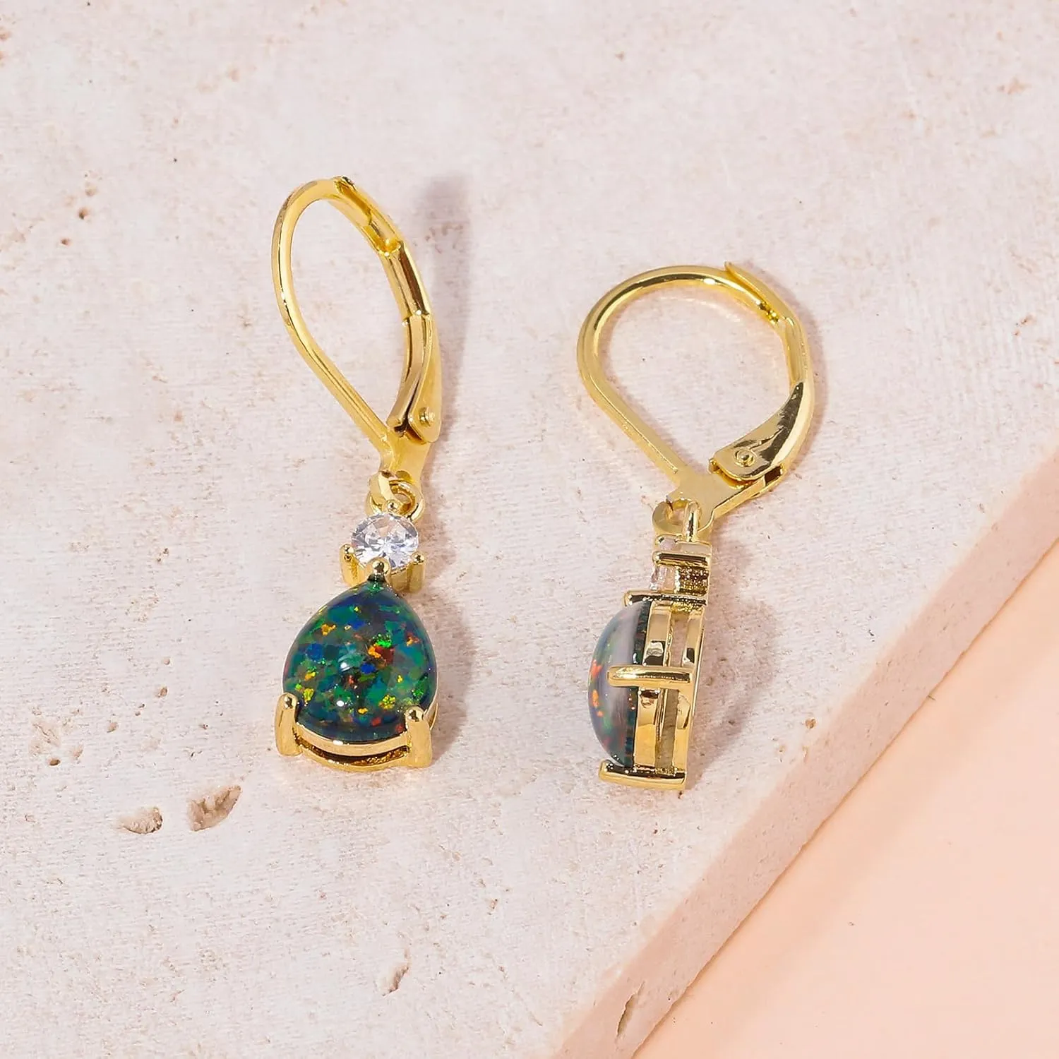 CiNily Leverback Opal Dangle Drop Earrings For Women Girls 14K Gold Plated Teardrop Earrings