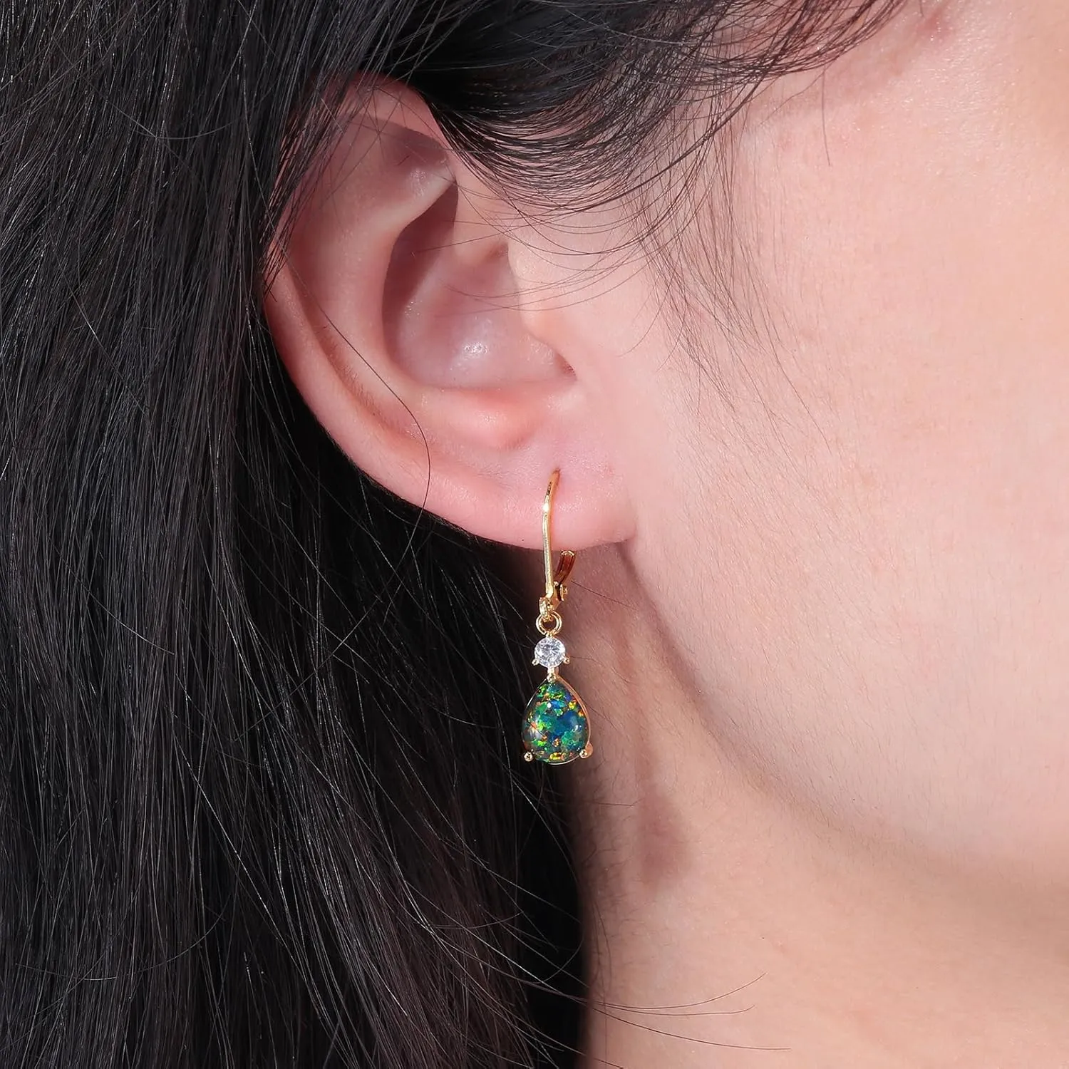 CiNily Leverback Opal Dangle Drop Earrings For Women Girls 14K Gold Plated Teardrop Earrings